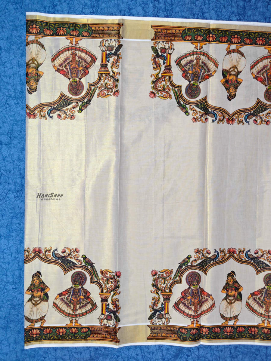 Kerala Kasavu Saree with Kathakali Mural Art &amp; Golden Zari Border - TT107 - Image 3
