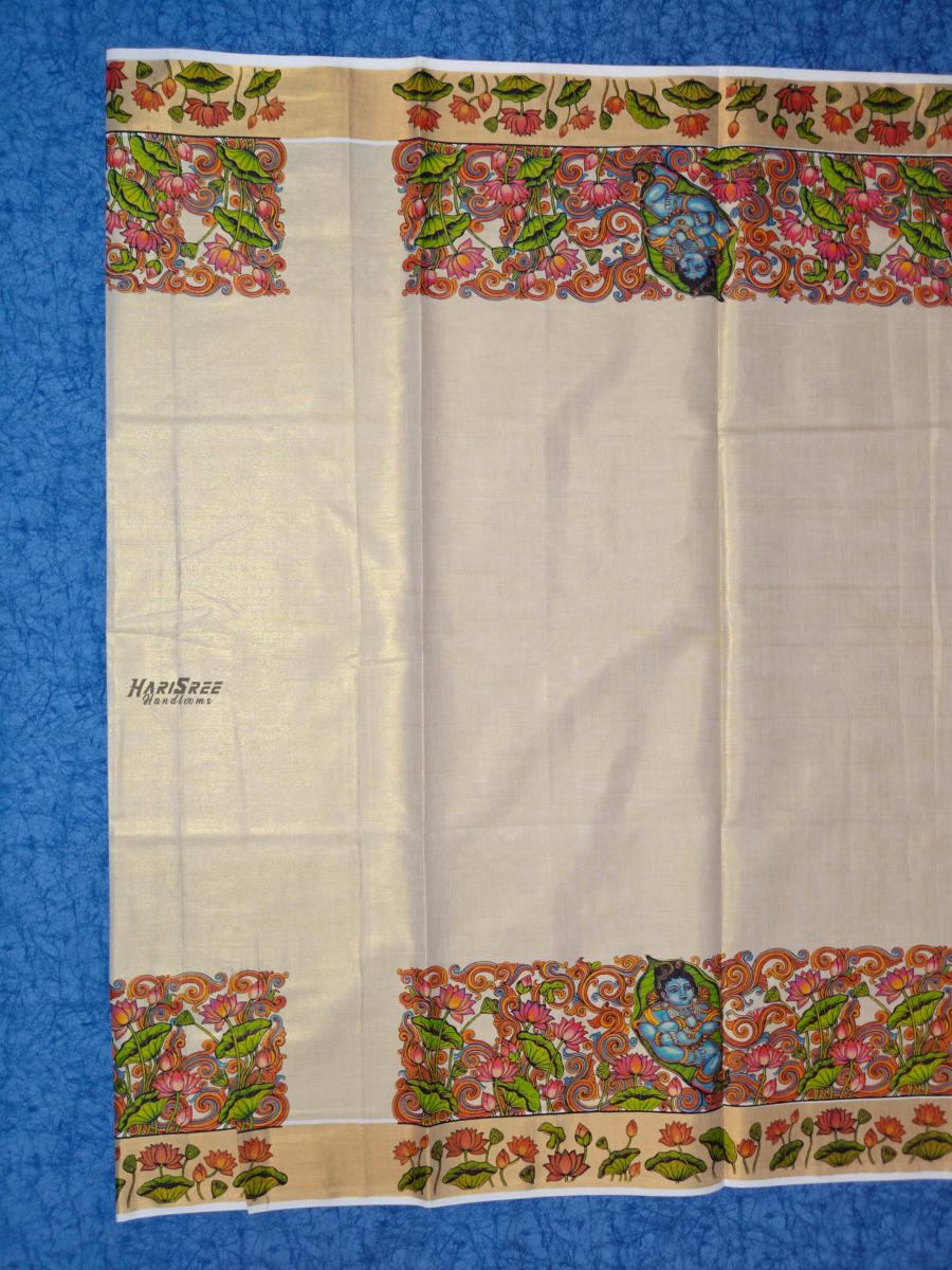 Authentic Hand-Painted Kerala Mural Saree with Traditional Krishna Motifs - TT110 - Image 3
