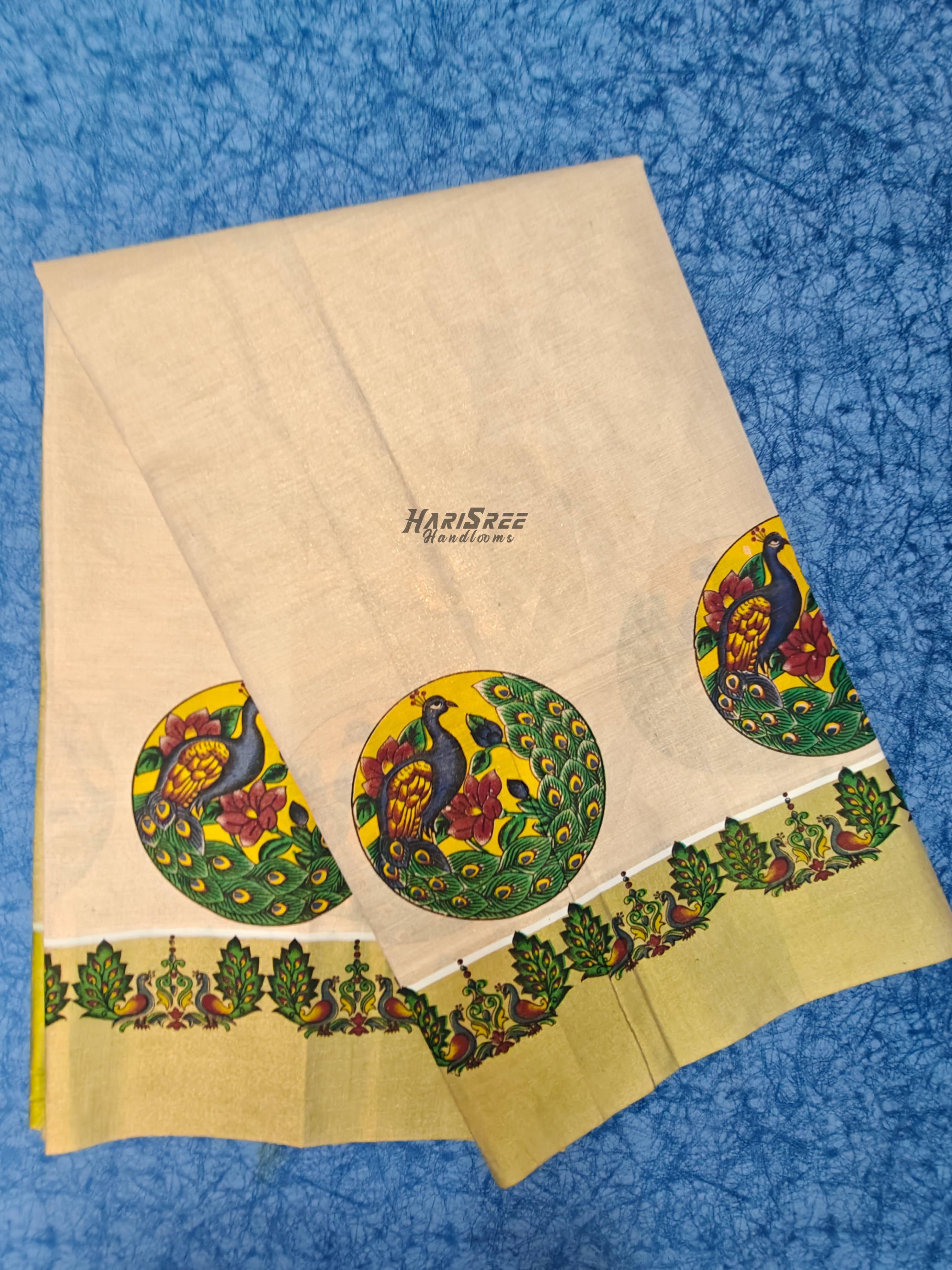 Traditional Kerala Saree with Peacock Print Border | Tissue Kasavu Saree - PR101