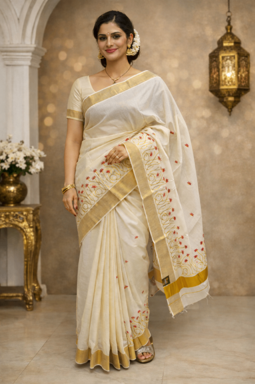 3x3 cotton Lotus Embroidery Kerala Saree - KT103