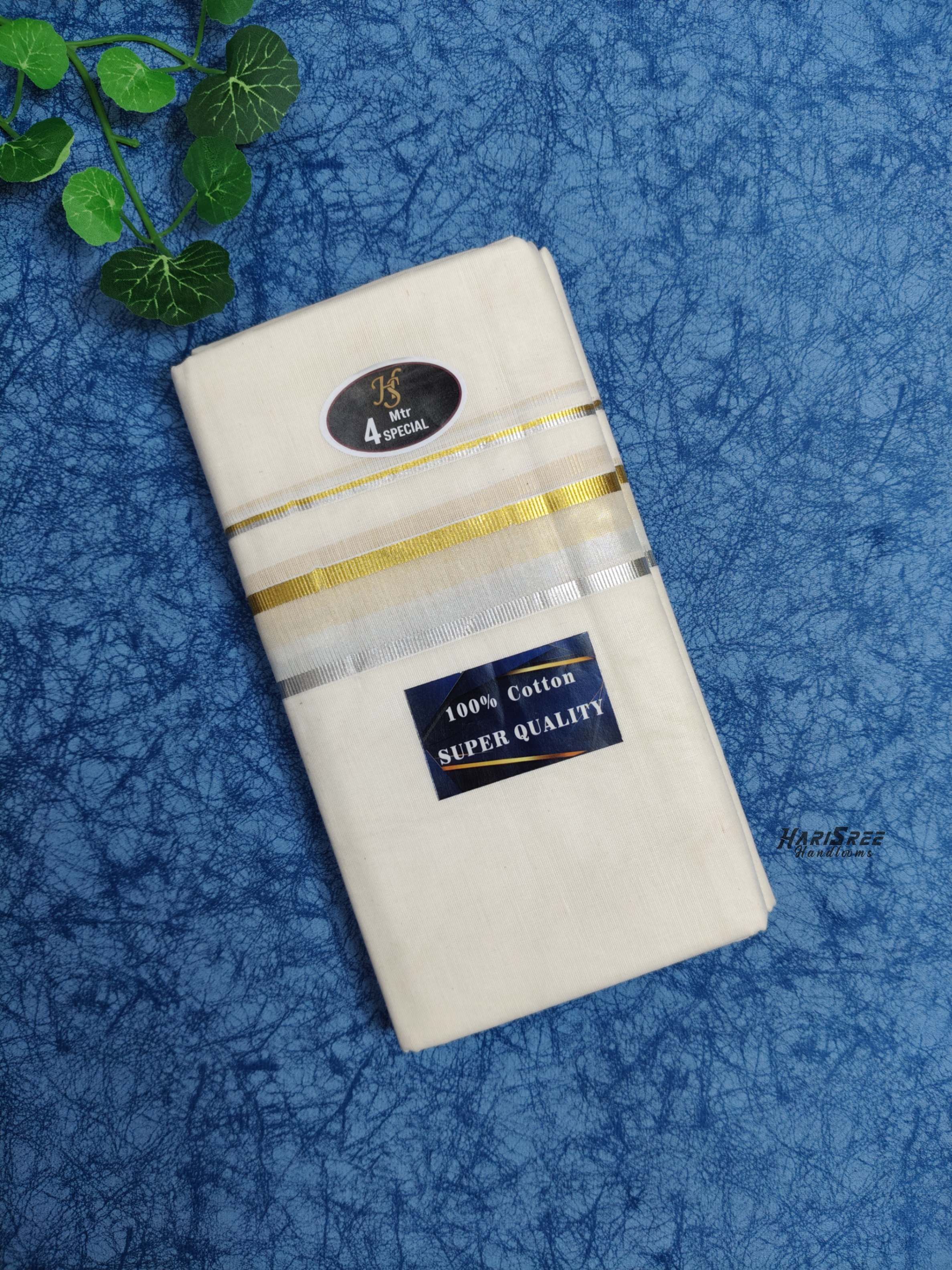 Cotton 1*1/2 inch Fancy Golden & silver Kasavu Double Mundu - VK104
