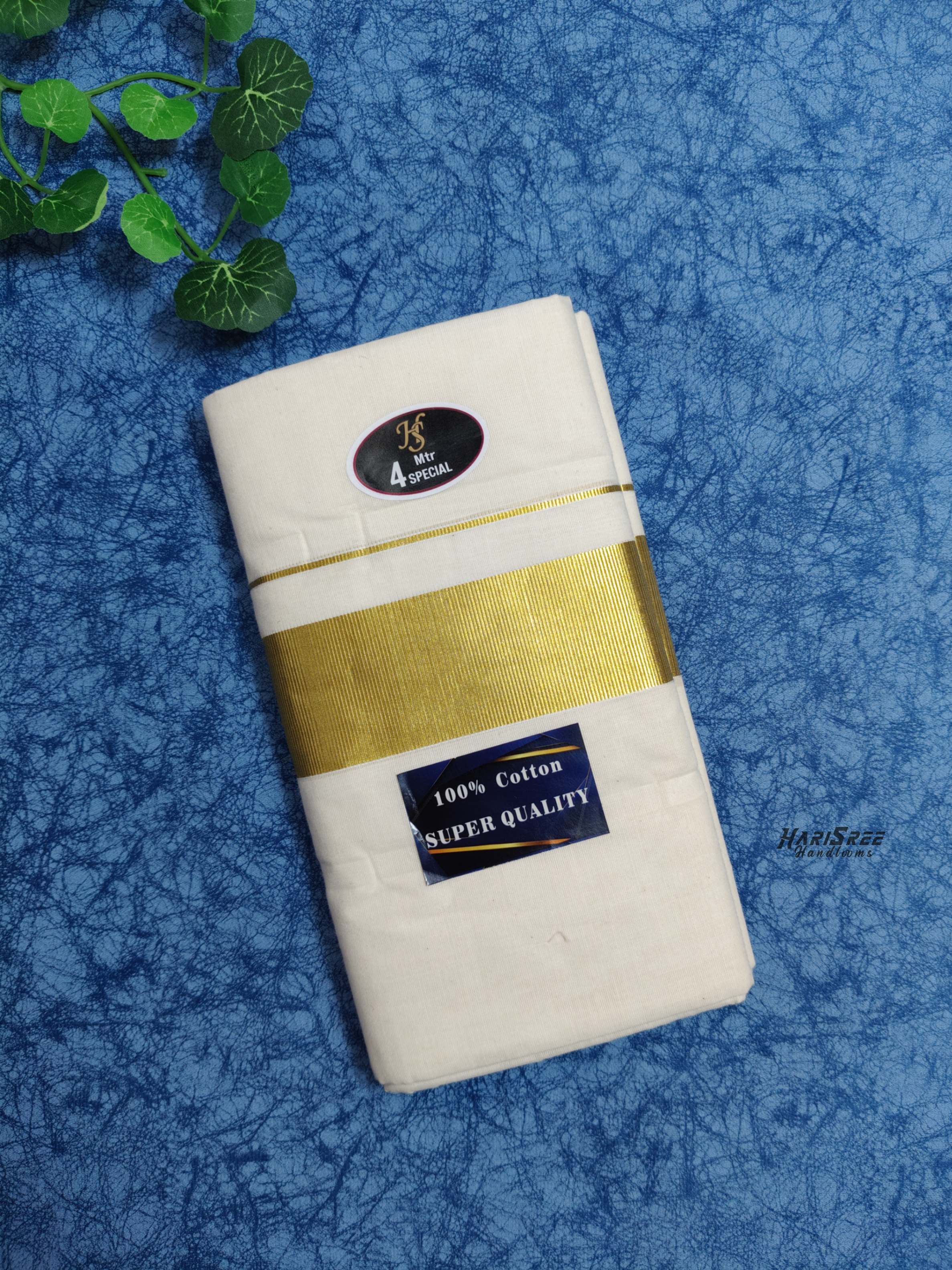 Cotton 2 inch Golden Kasavu Double Mundu - VK103