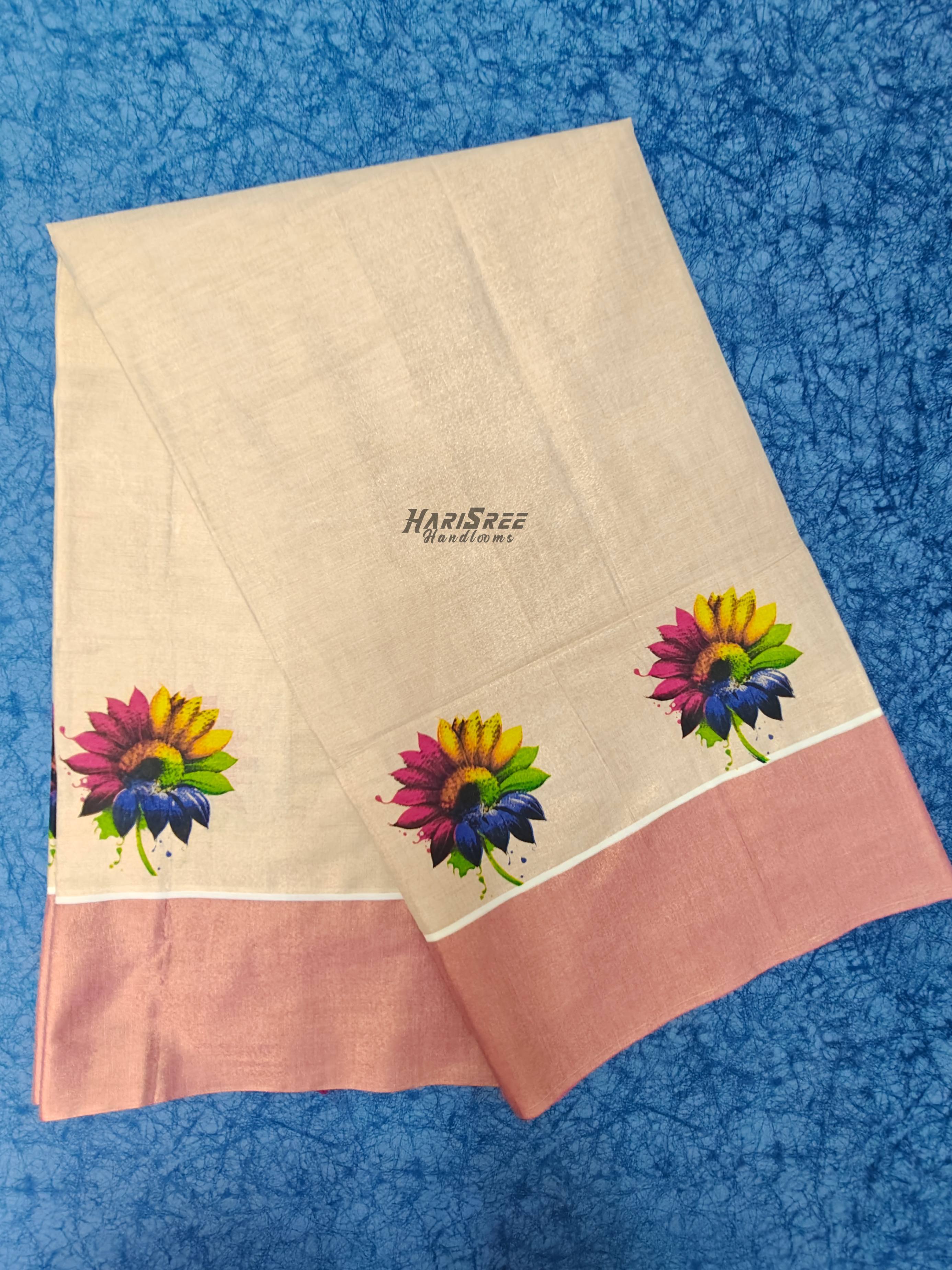 Traditional Kerala Saree with Pink Border & Floral Motif | Tissue Kasavu Saree - PR102