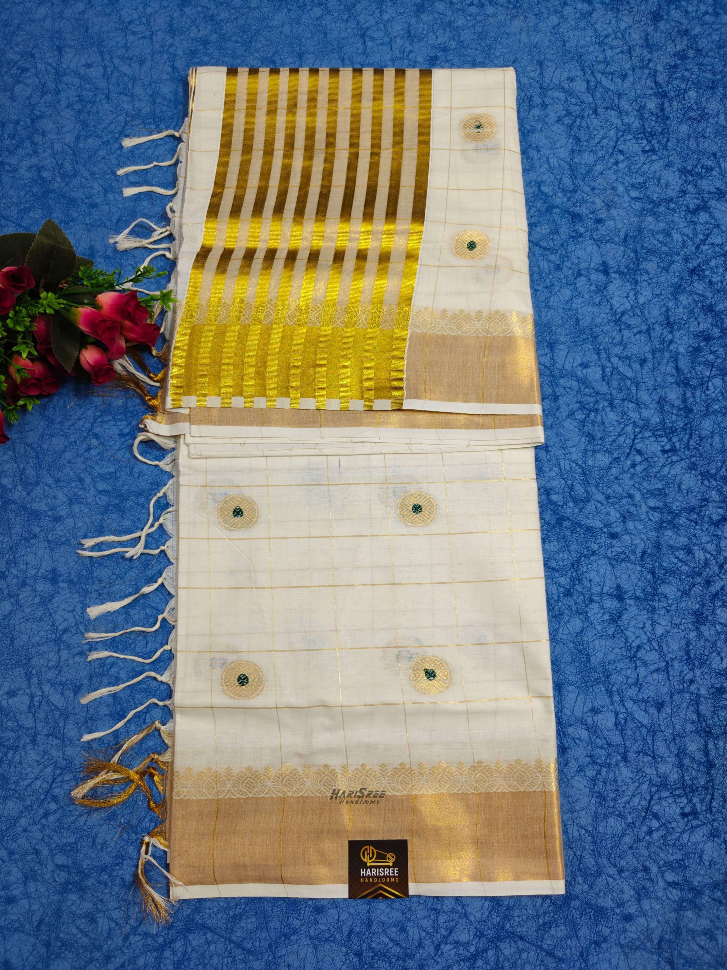 Cotton Checked Jacquard Desigin Kerala Saree | Green Colour Dot - HT104