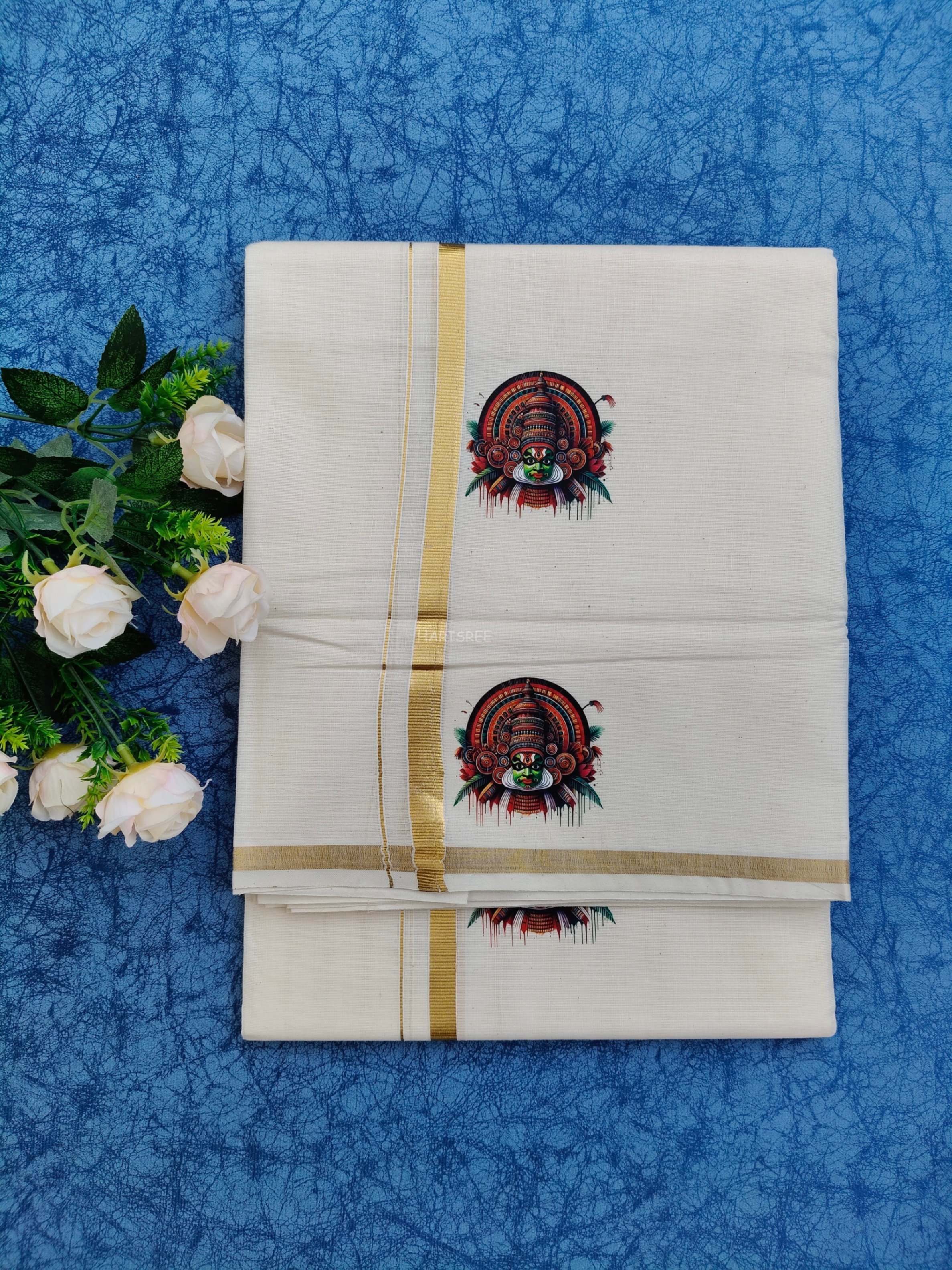 Kathakali Design 1/2 inch Kasavu Double Mundu - HS4002