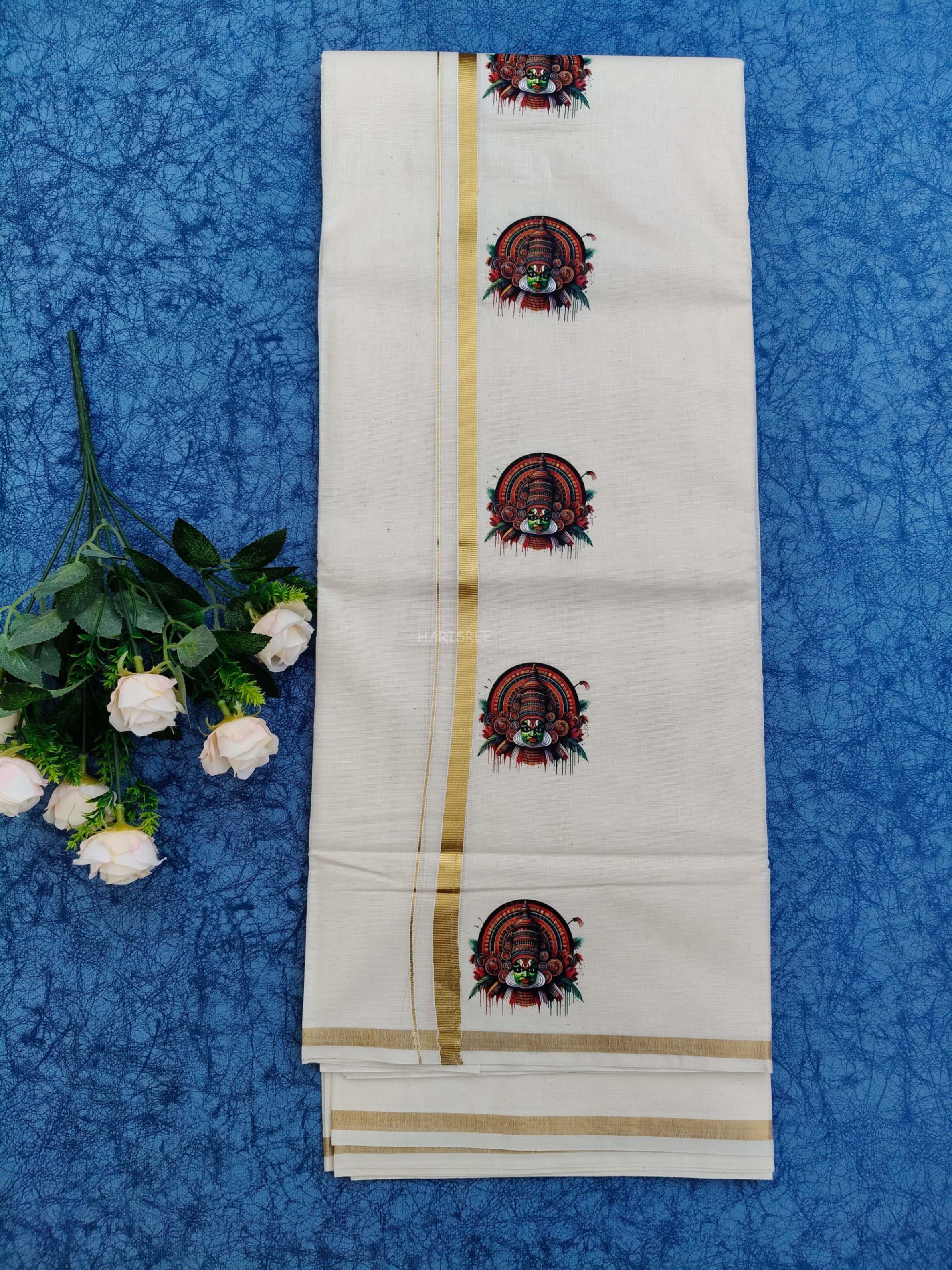 Kathakali Design 1/2 inch Kasavu Double Mundu - HS4002 - Image 2