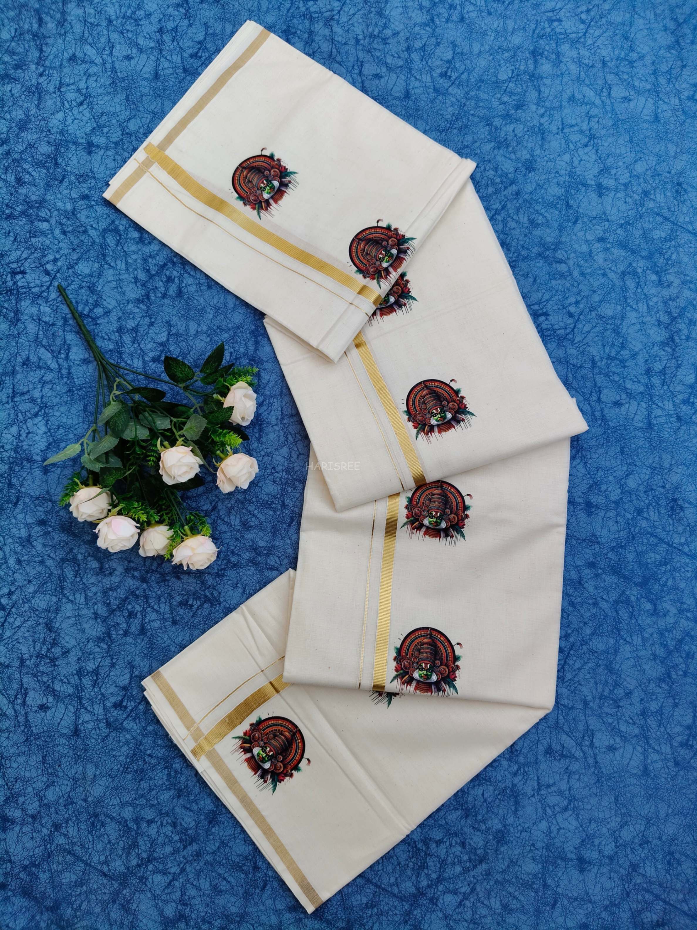 Kathakali Design 1/2 inch Kasavu Double Mundu - HS4002 - Image 4