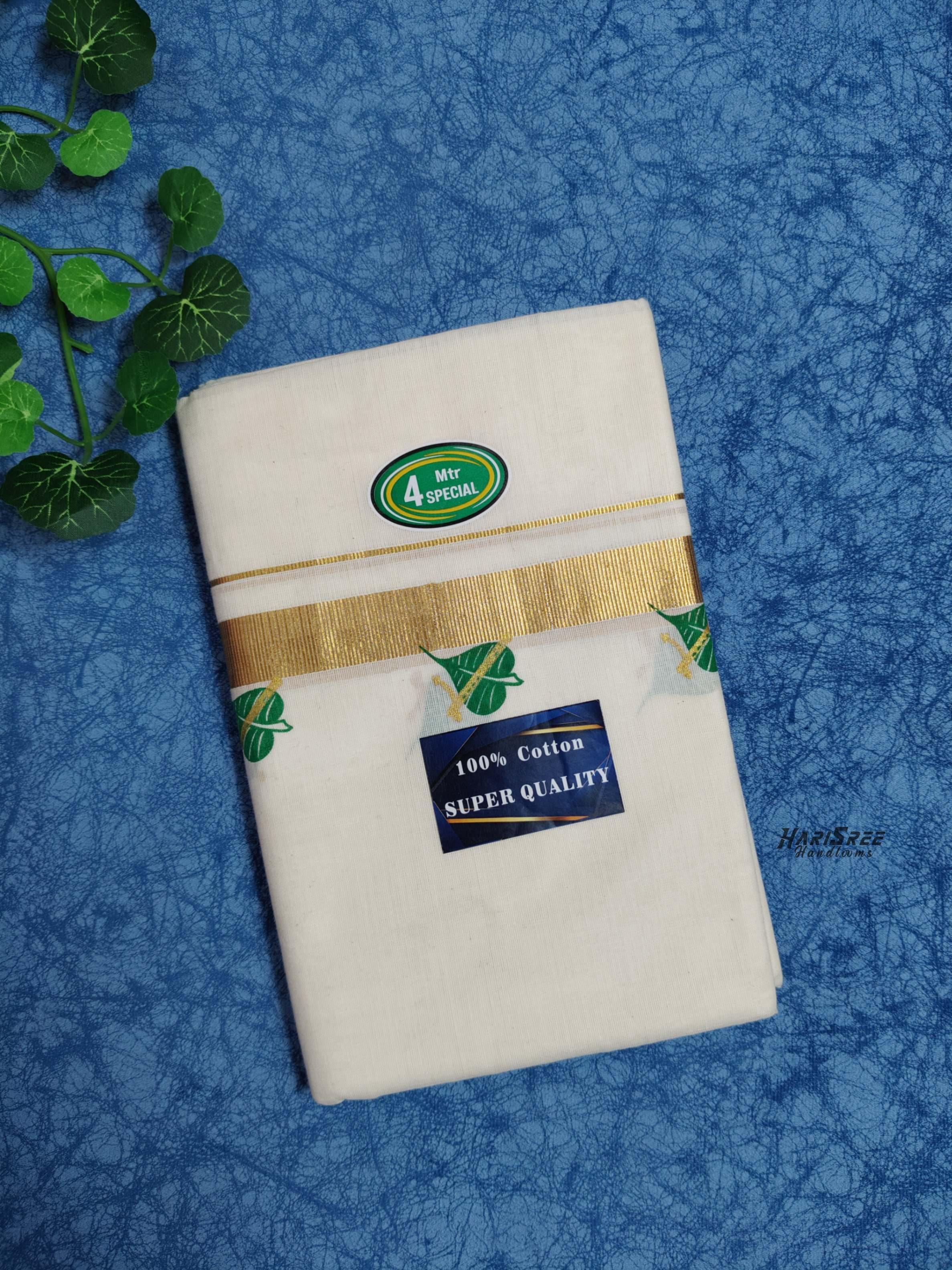 Cotton 1 inch Golden Kasavu Printed Double Mundu - HS4003