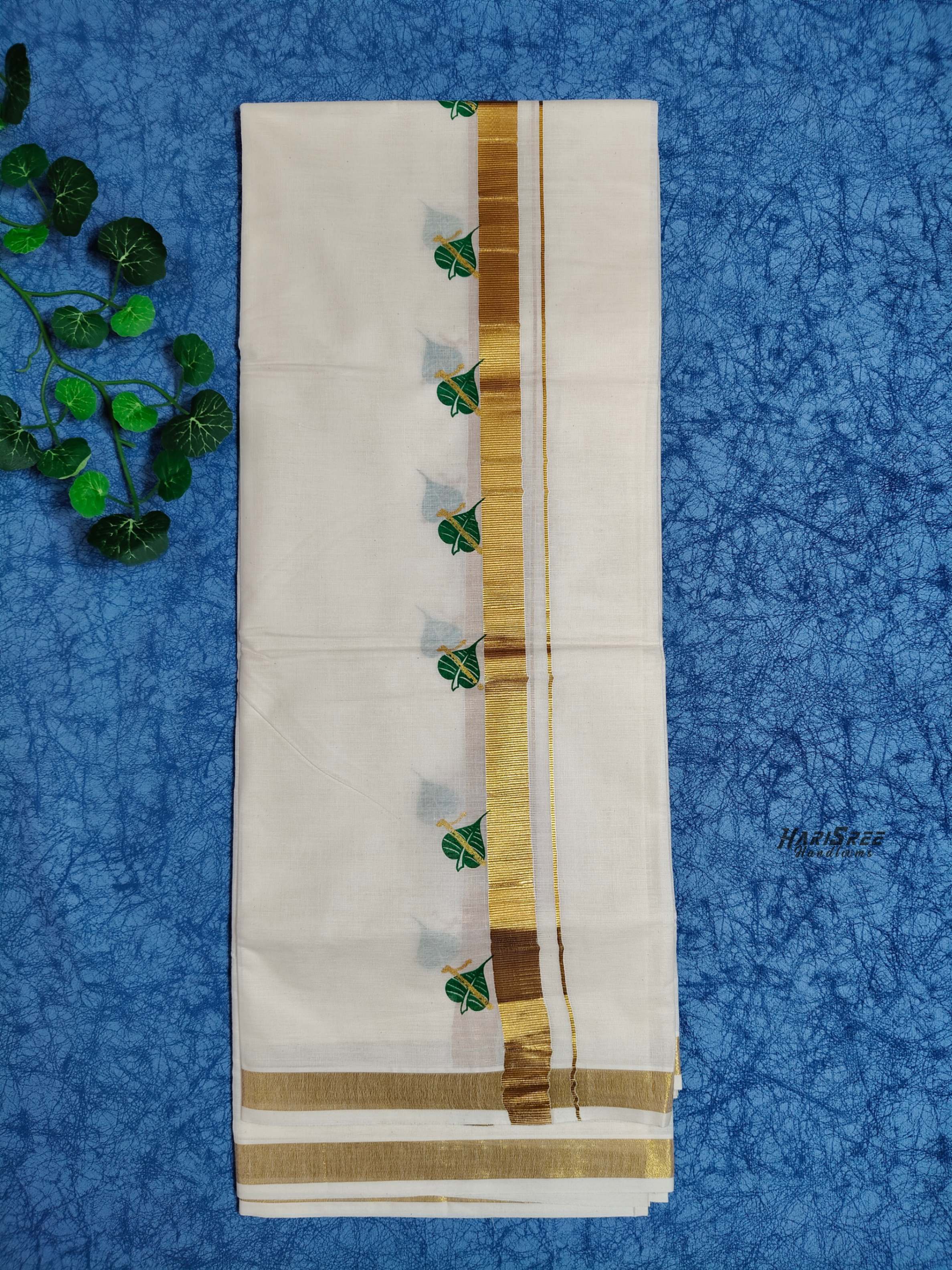 Cotton 1 inch Golden Kasavu Printed Double Mundu - HS4003 - Image 2