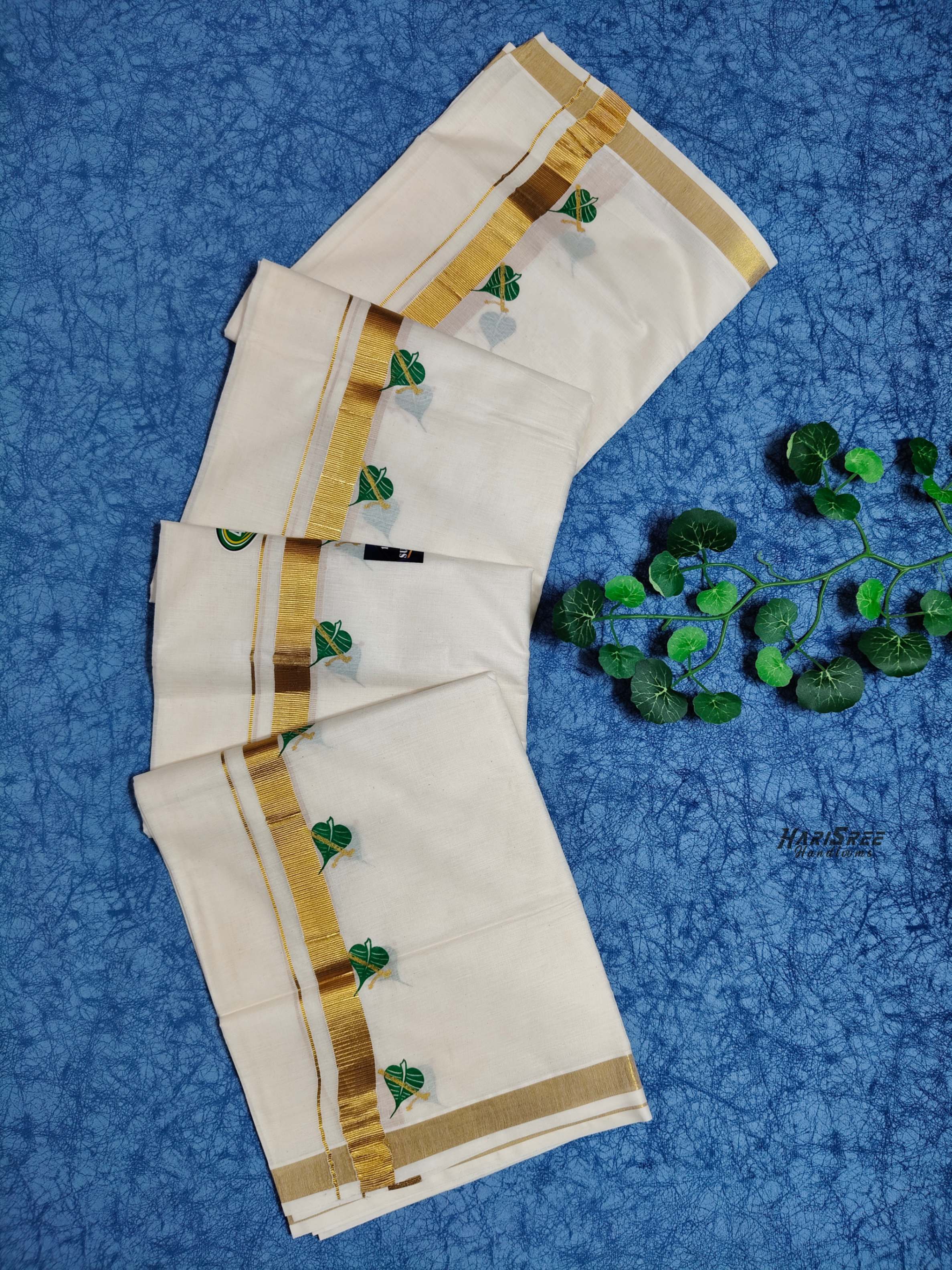 Cotton 1 inch Golden Kasavu Printed Double Mundu - HS4003 - Image 3