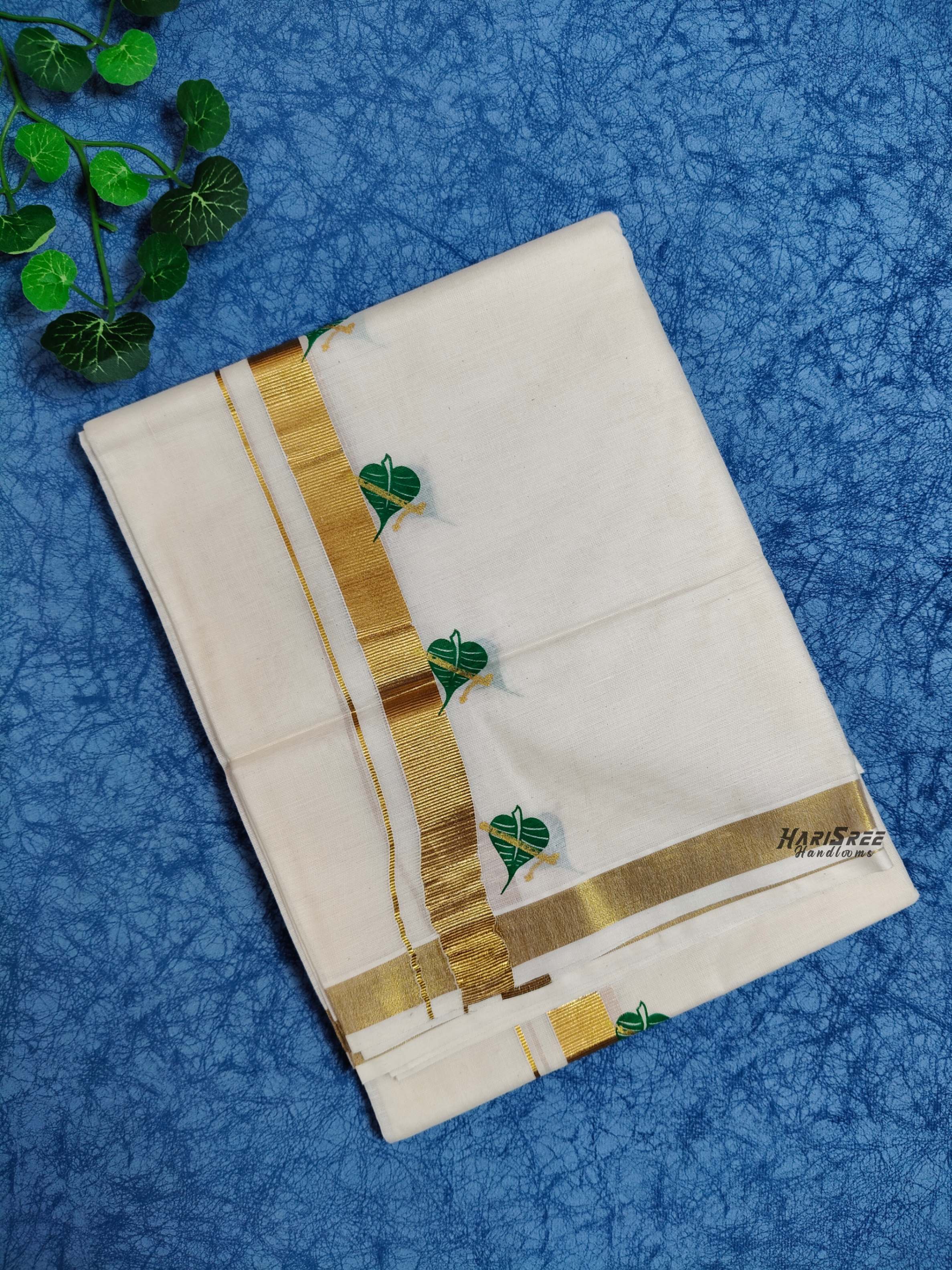 Cotton 1 inch Golden Kasavu Printed Double Mundu - HS4003 - Image 4