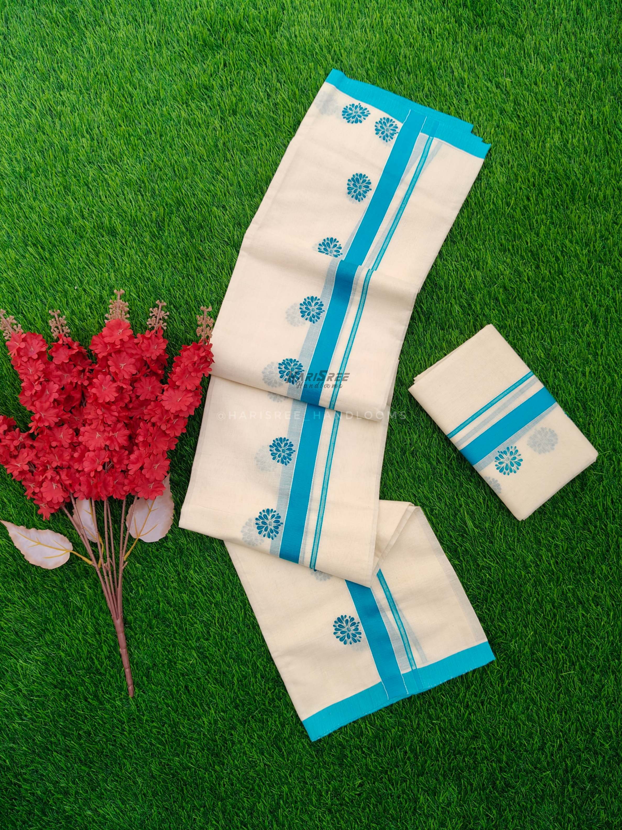 Flower Design Cotton Set Mundu | Sky Blue Colour HS2001