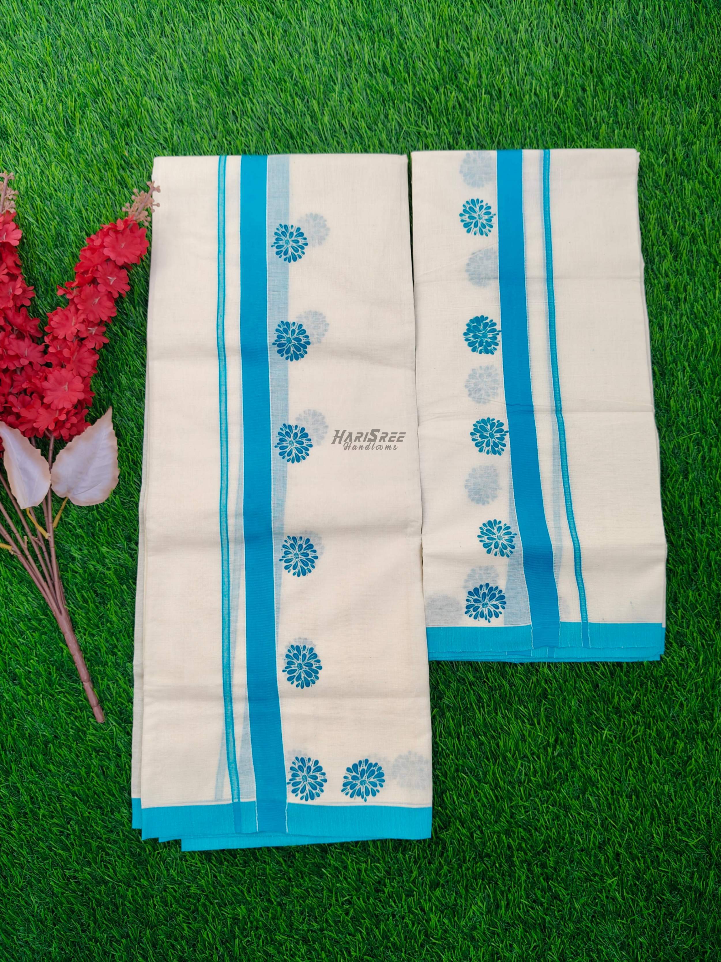 Flower Design Cotton Set Mundu | Sky Blue Colour HS2001 - Image 2