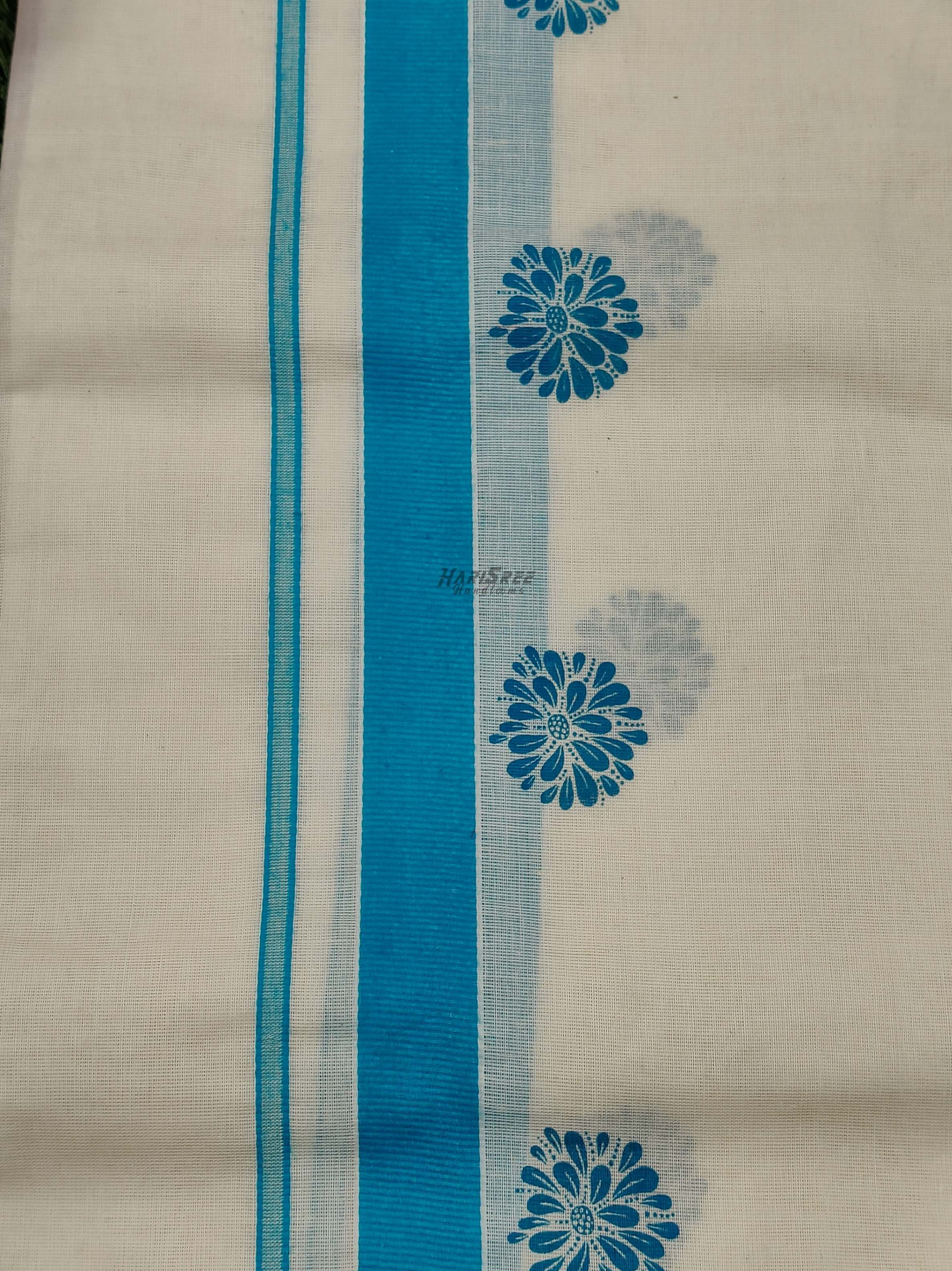 Flower Design Cotton Set Mundu | Sky Blue Colour HS2001 - Image 3