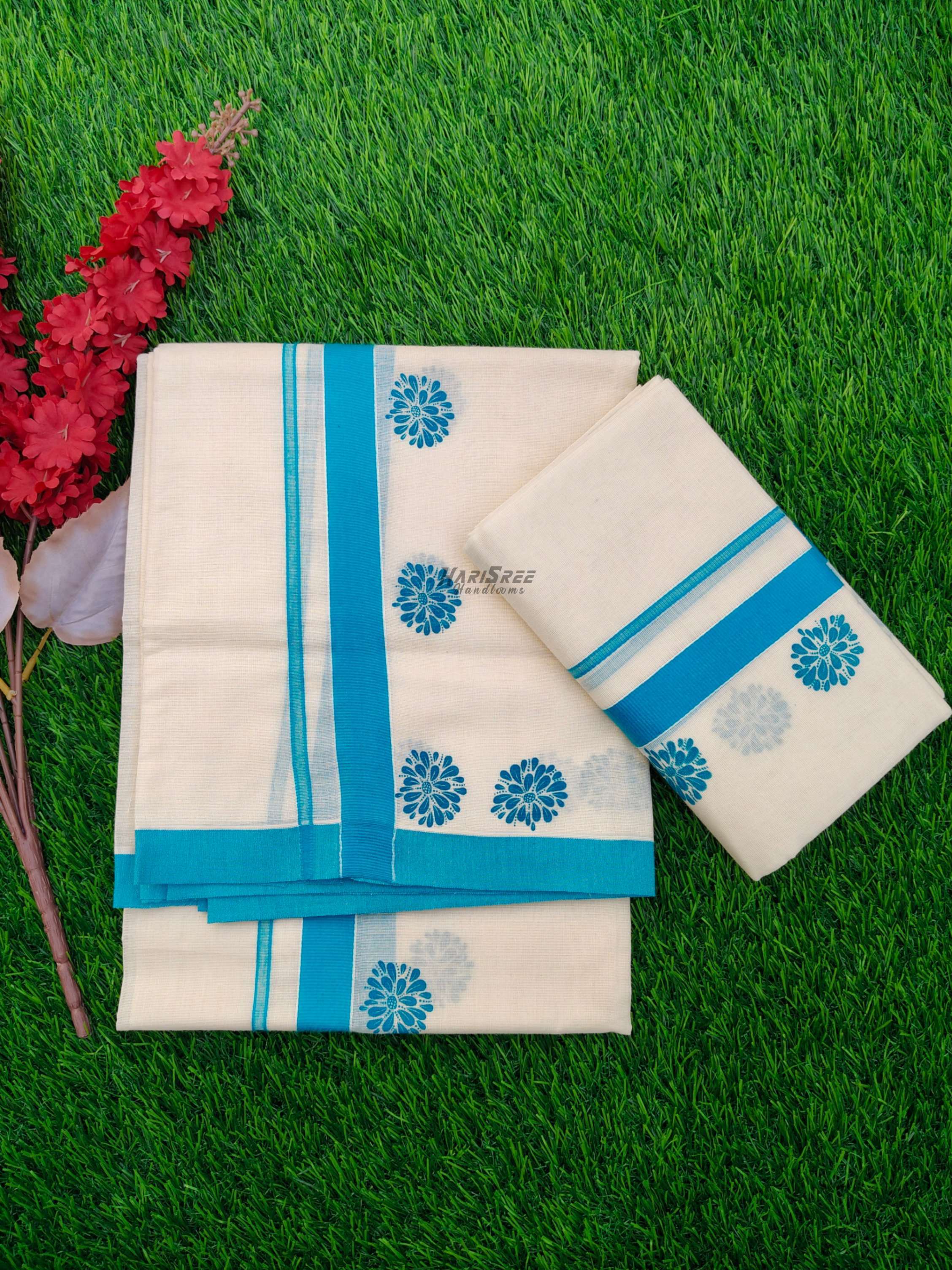 Flower Design Cotton Set Mundu | Sky Blue Colour HS2001 - Image 4