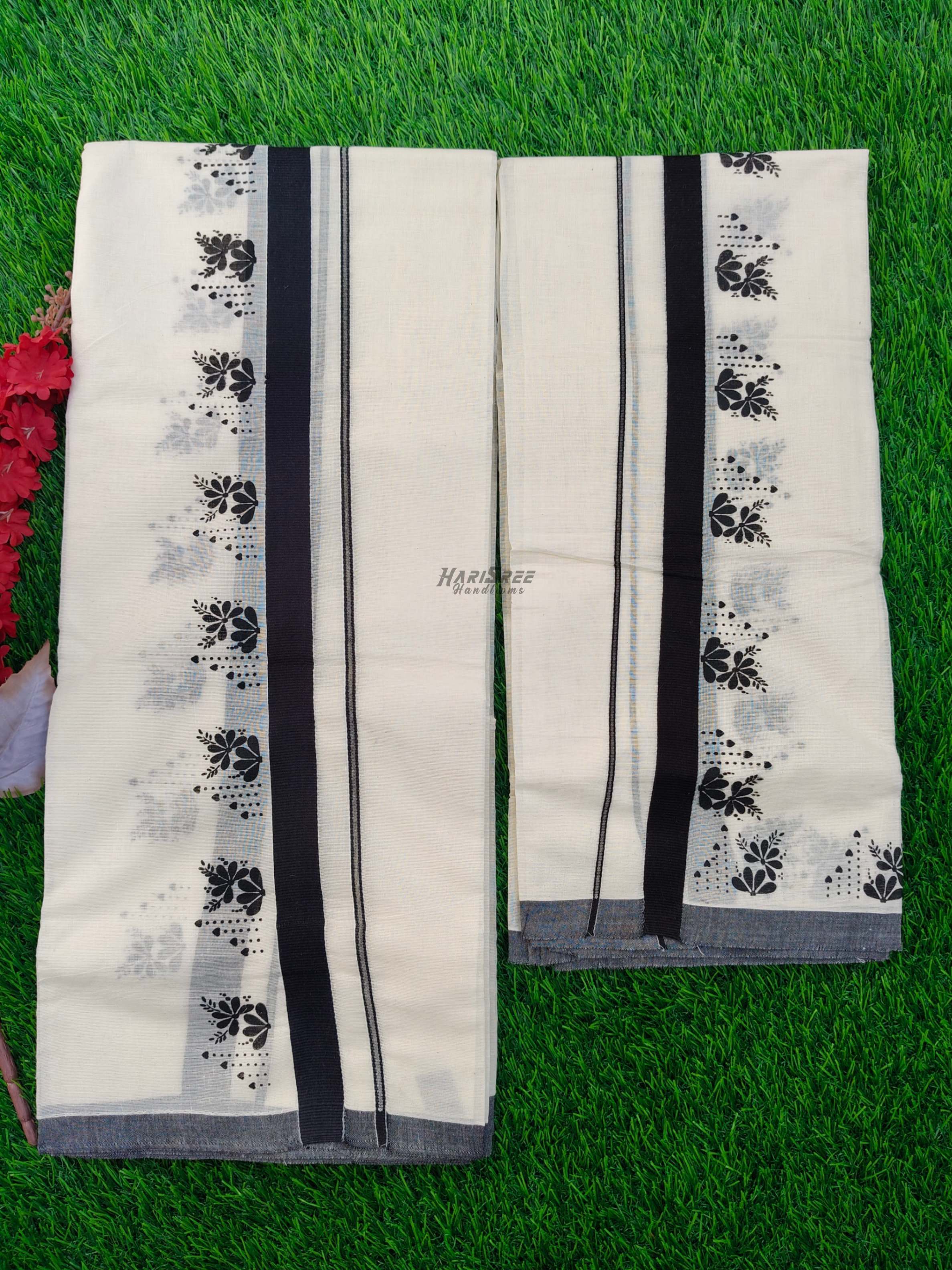 Flower Design Cotton Set Mundu | Black Colour - HS2002