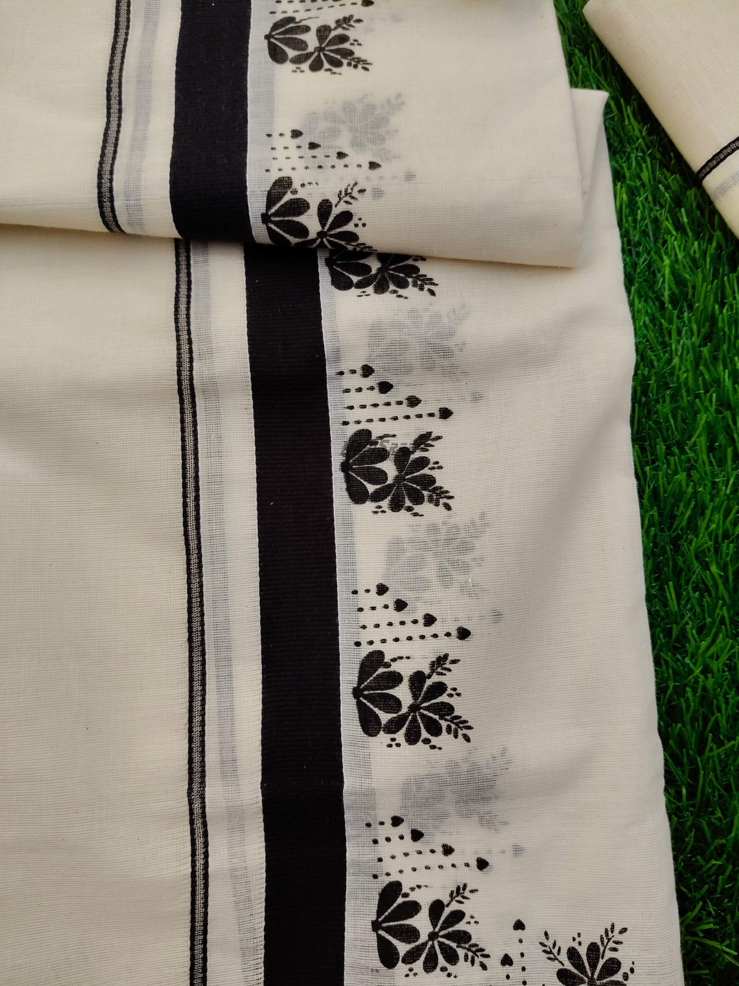 Flower Design Cotton Set Mundu | Black Colour - HS2002 - Image 3