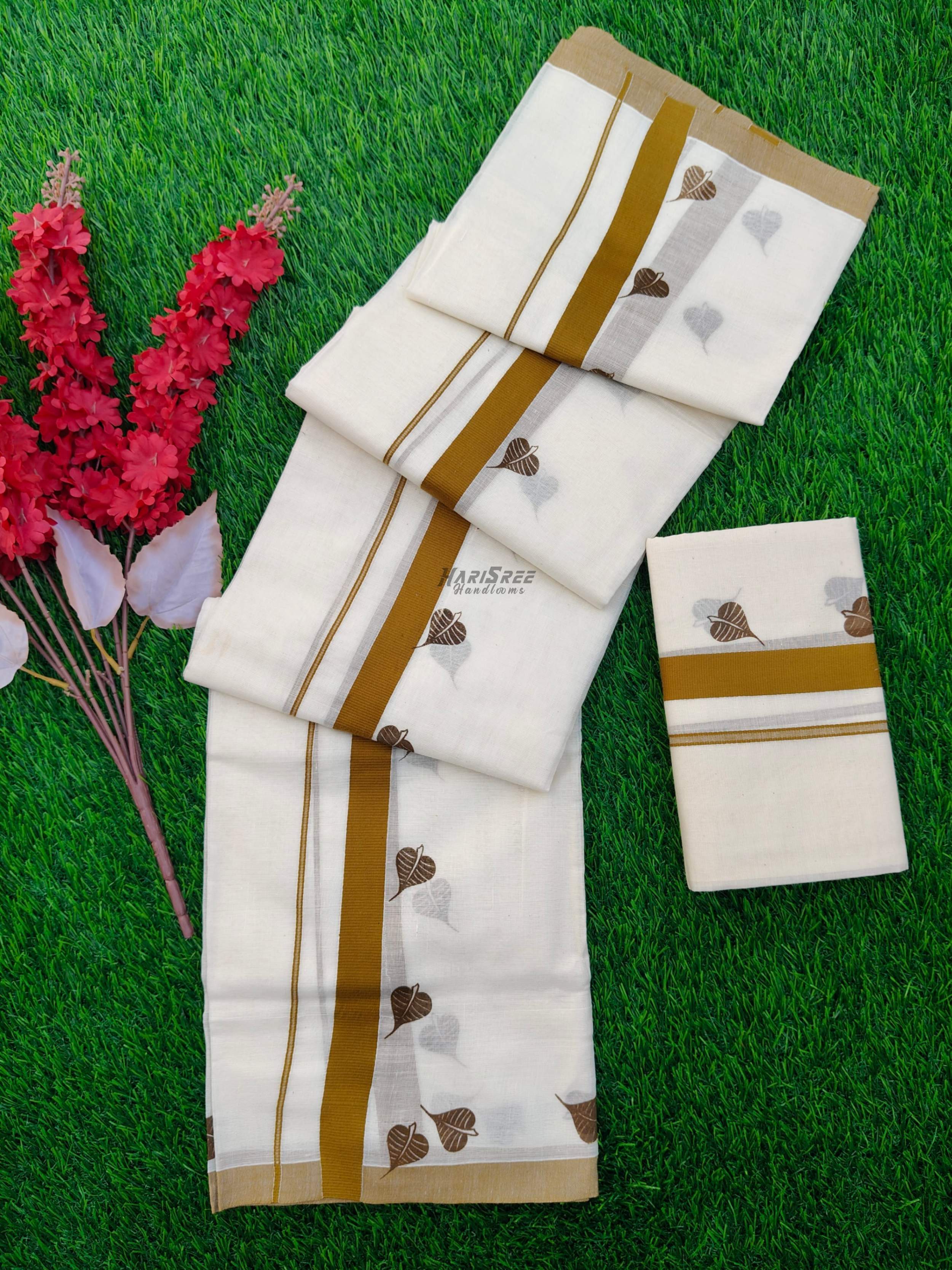 Baniyan Tree Leaf Desigin Cotton Set Mundu - HS2003