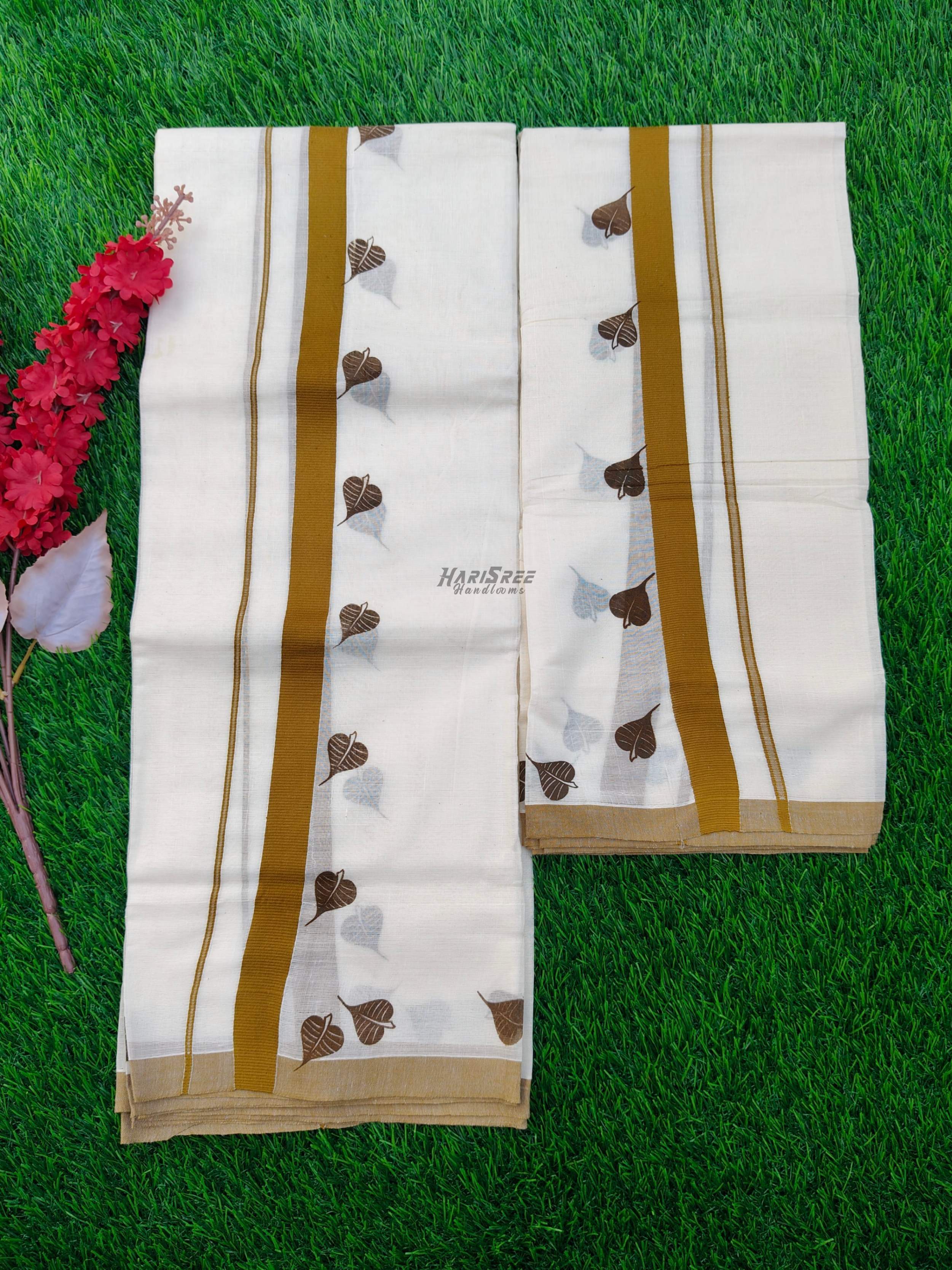 Baniyan Tree Leaf Desigin Cotton Set Mundu - HS2003 - Image 3