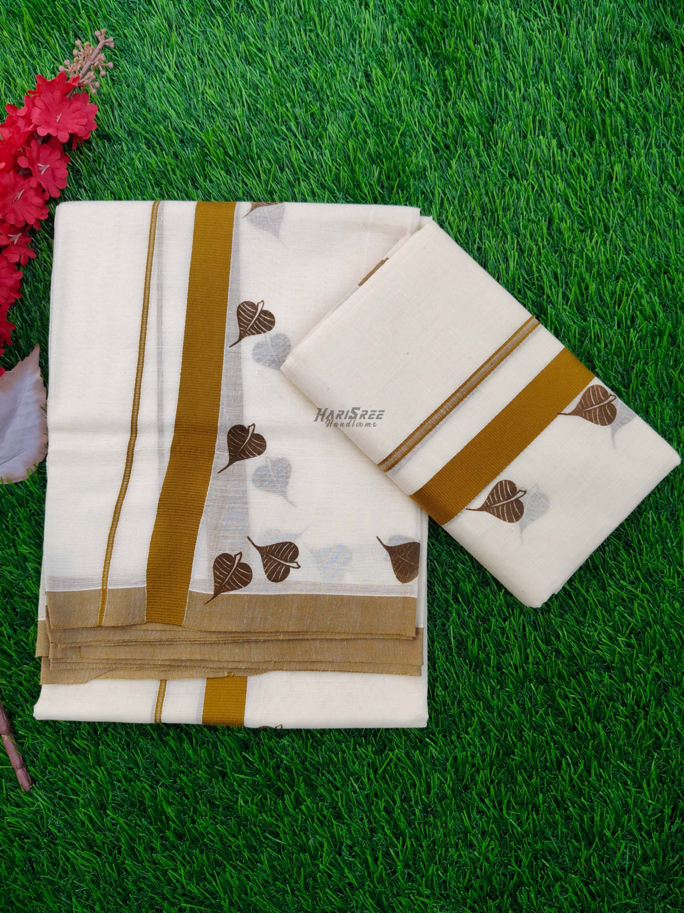 Baniyan Tree Leaf Desigin Cotton Set Mundu - HS2003 - Image 4