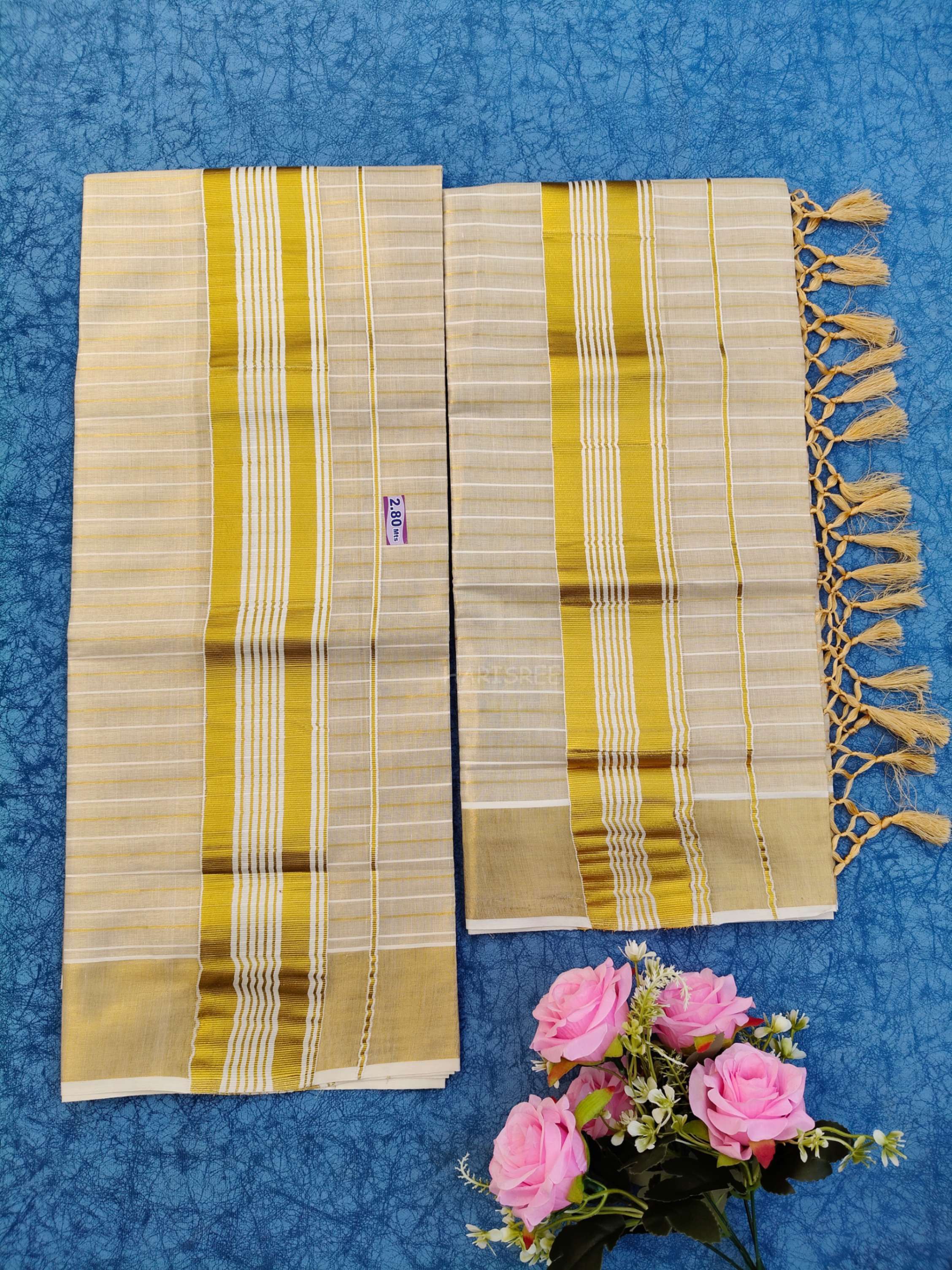 Stripes Tissue Kasavu Set Mundu - SK101 - Image 2