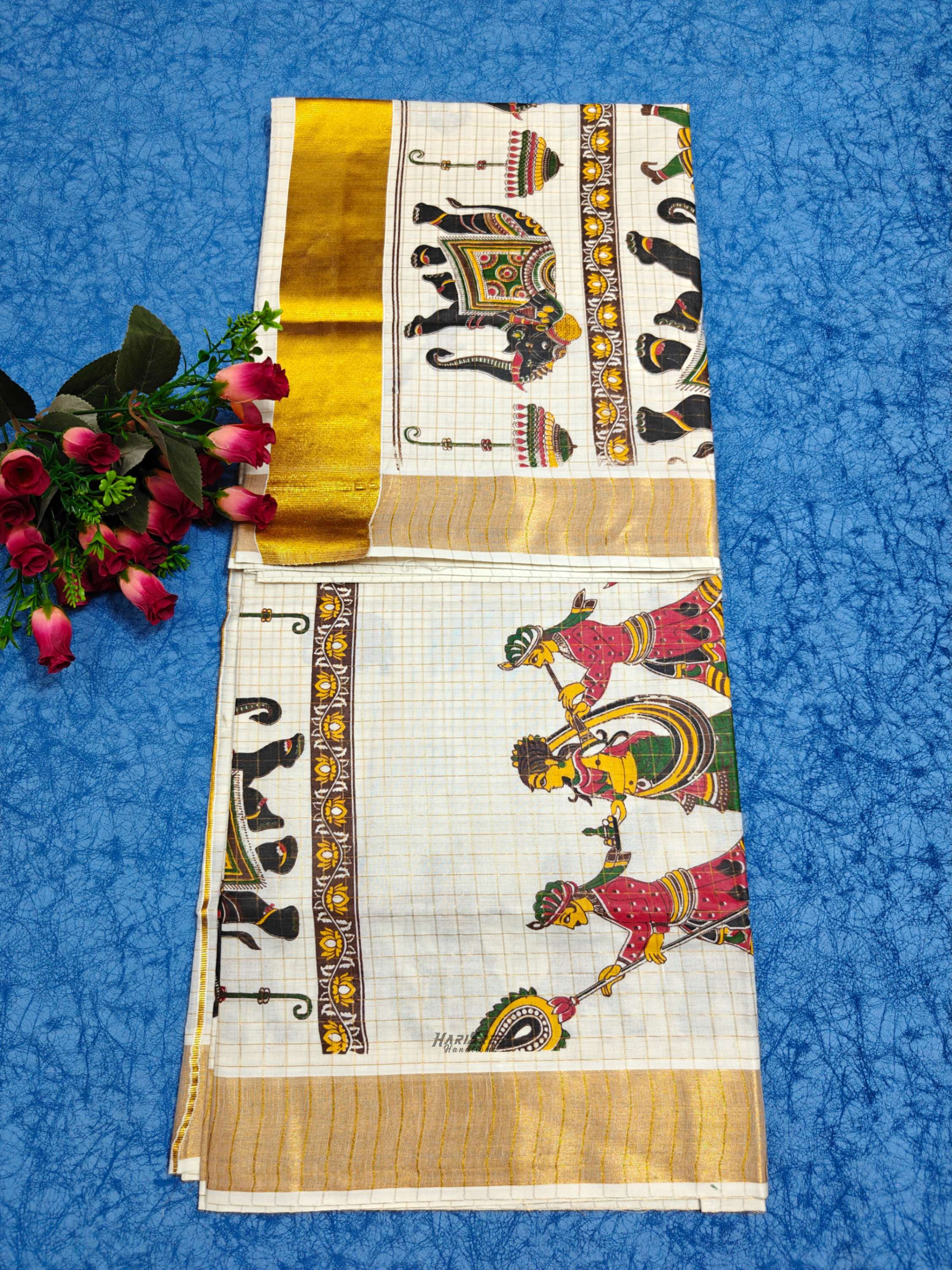 Cotton Checked Mural Printed Kerala Saree - HT101