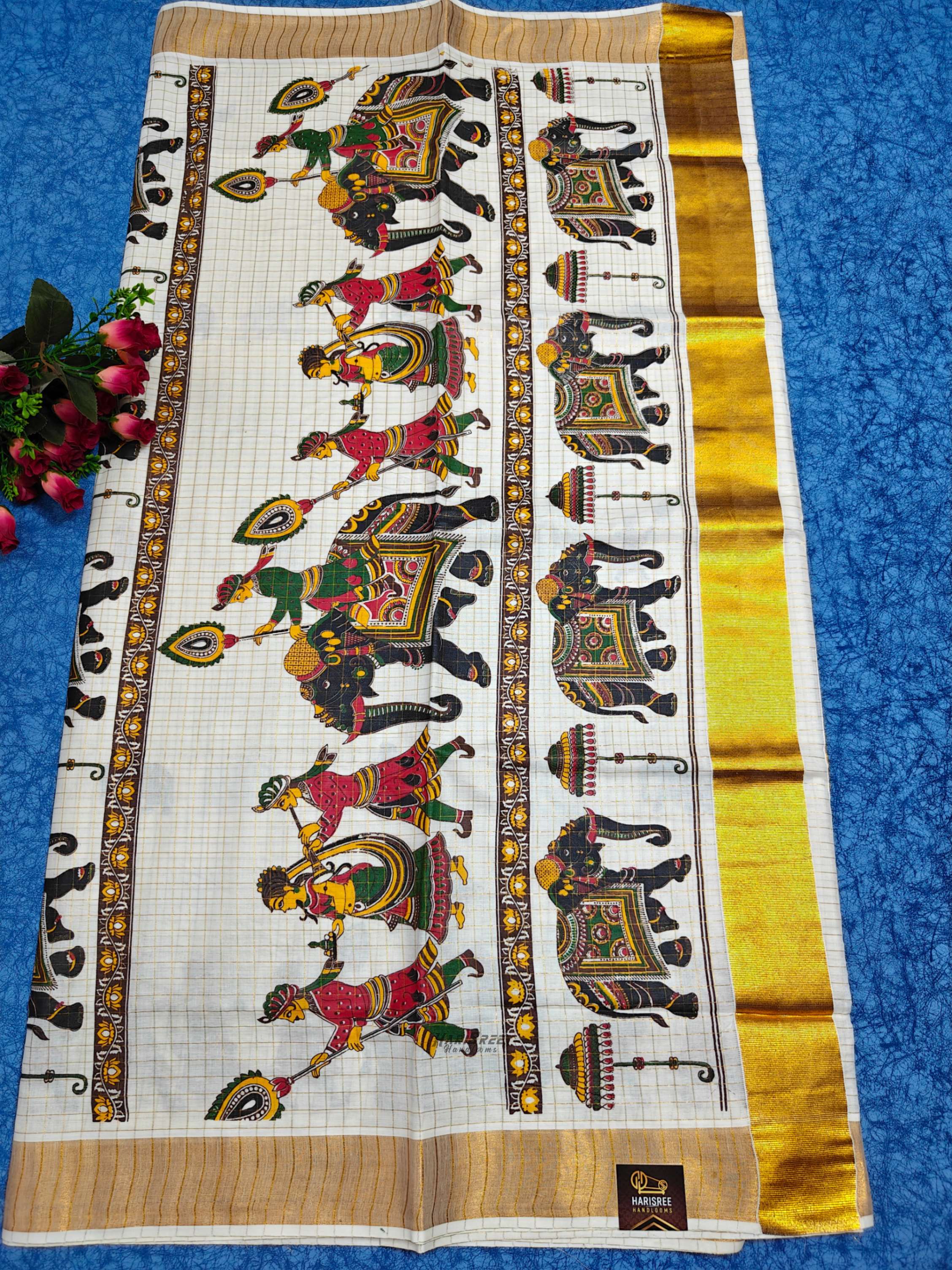 Cotton Checked Mural Printed Kerala Saree - HT101