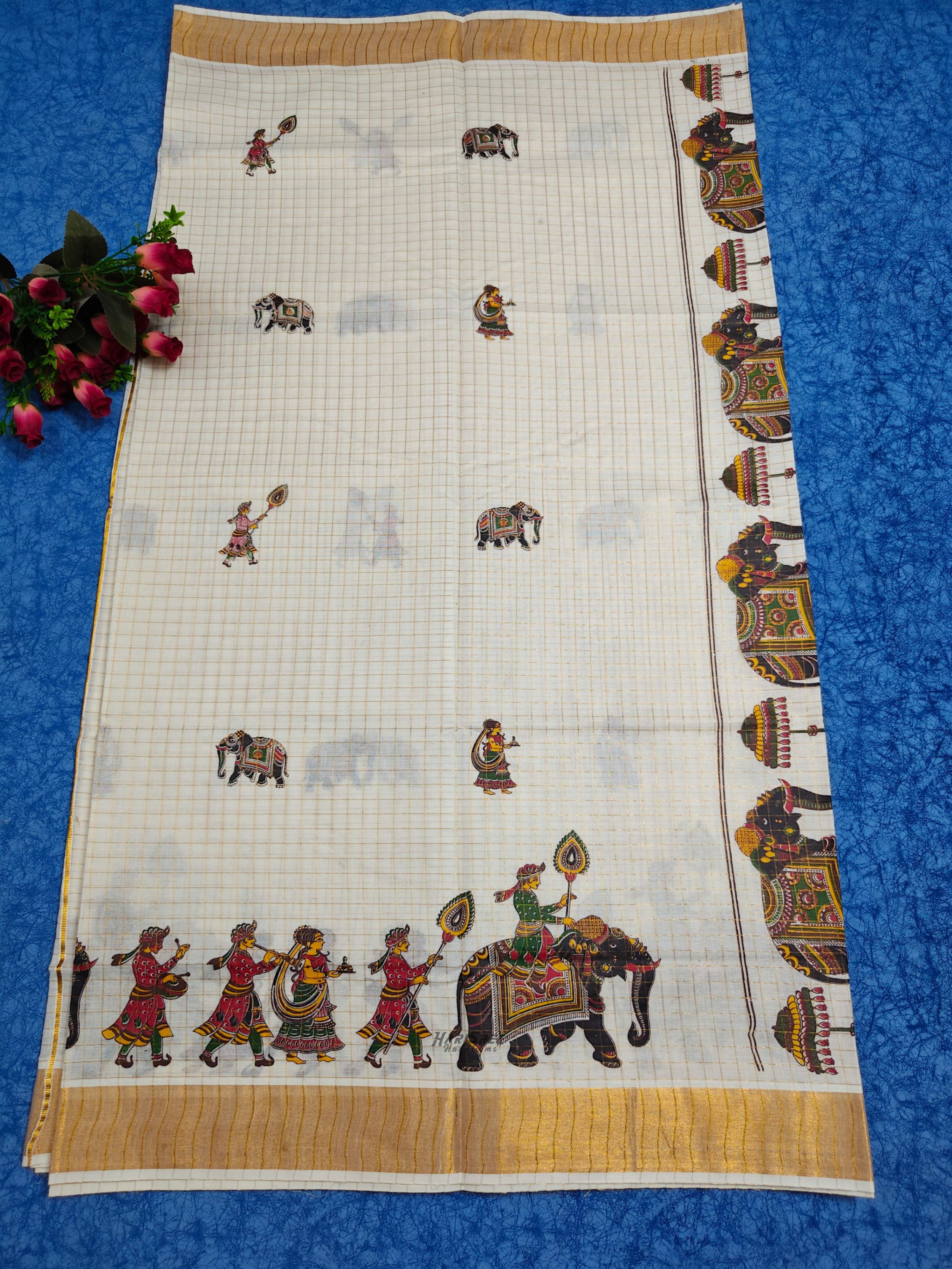 Cotton Checked Mural Printed Kerala Saree - HT101 - Image 3