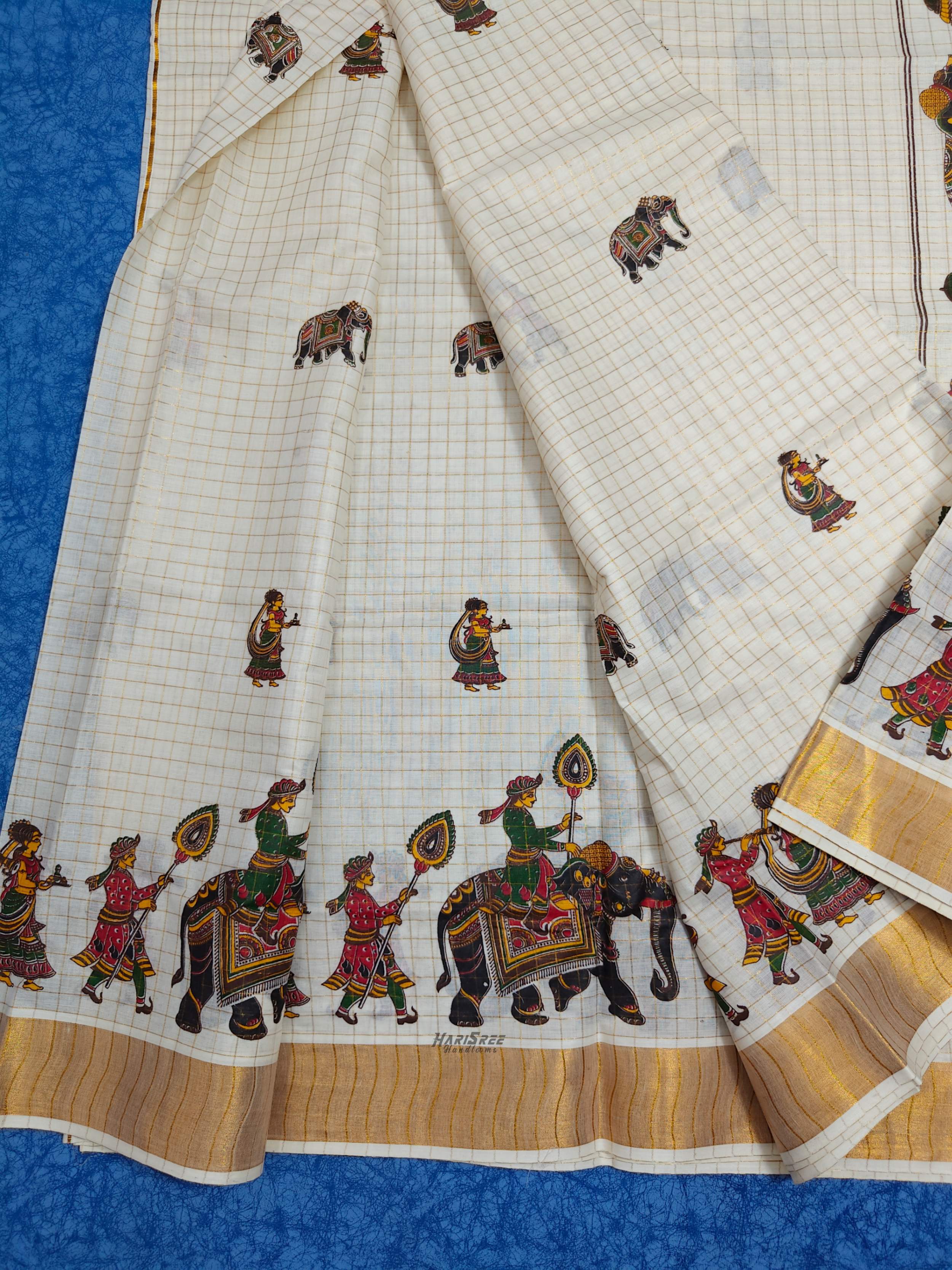 Cotton Checked Mural Printed Kerala Saree - HT101 - Image 4