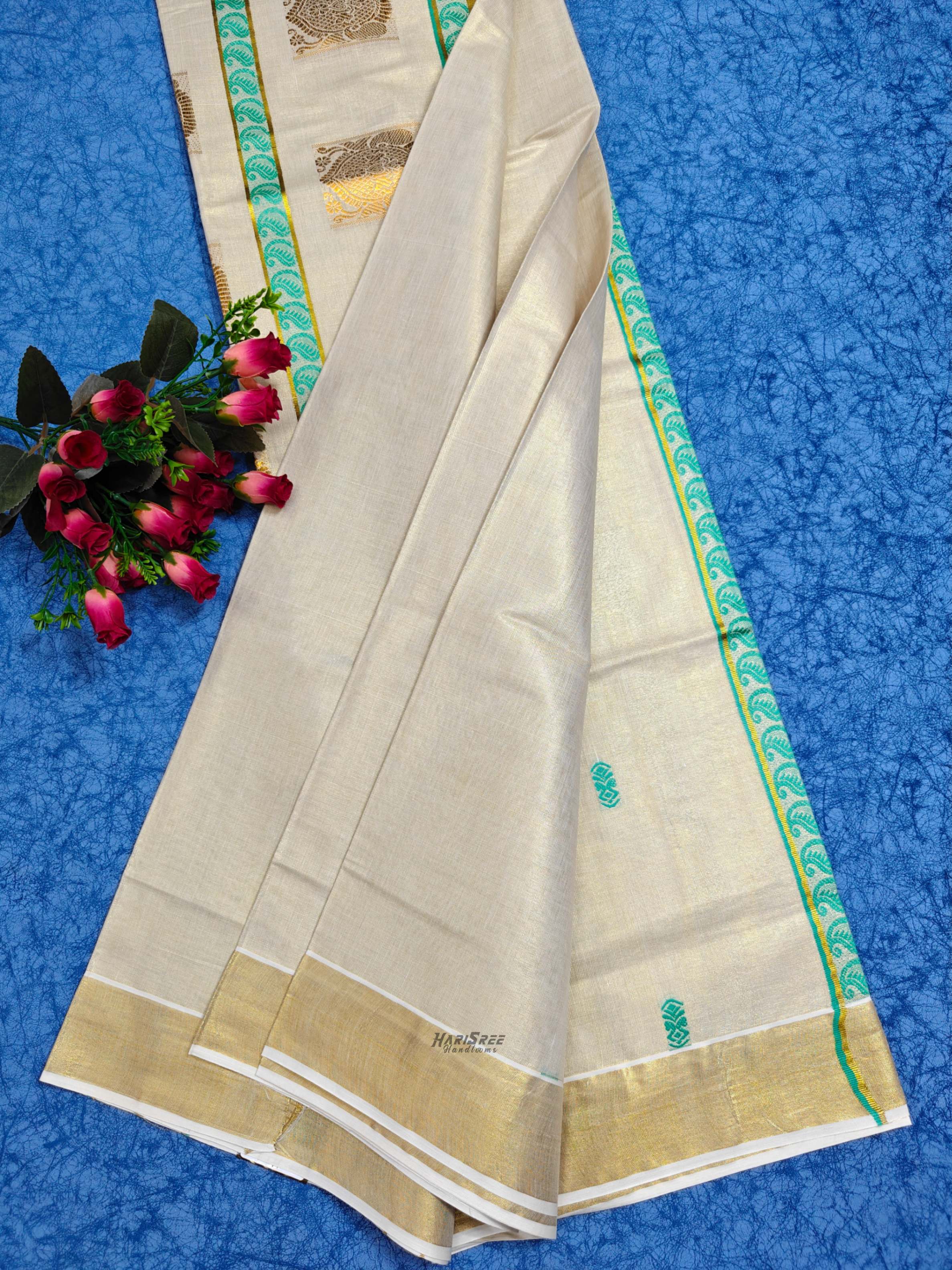 Tissue peacock blue Colour Jacquard Set Saree - HT102 - Image 4