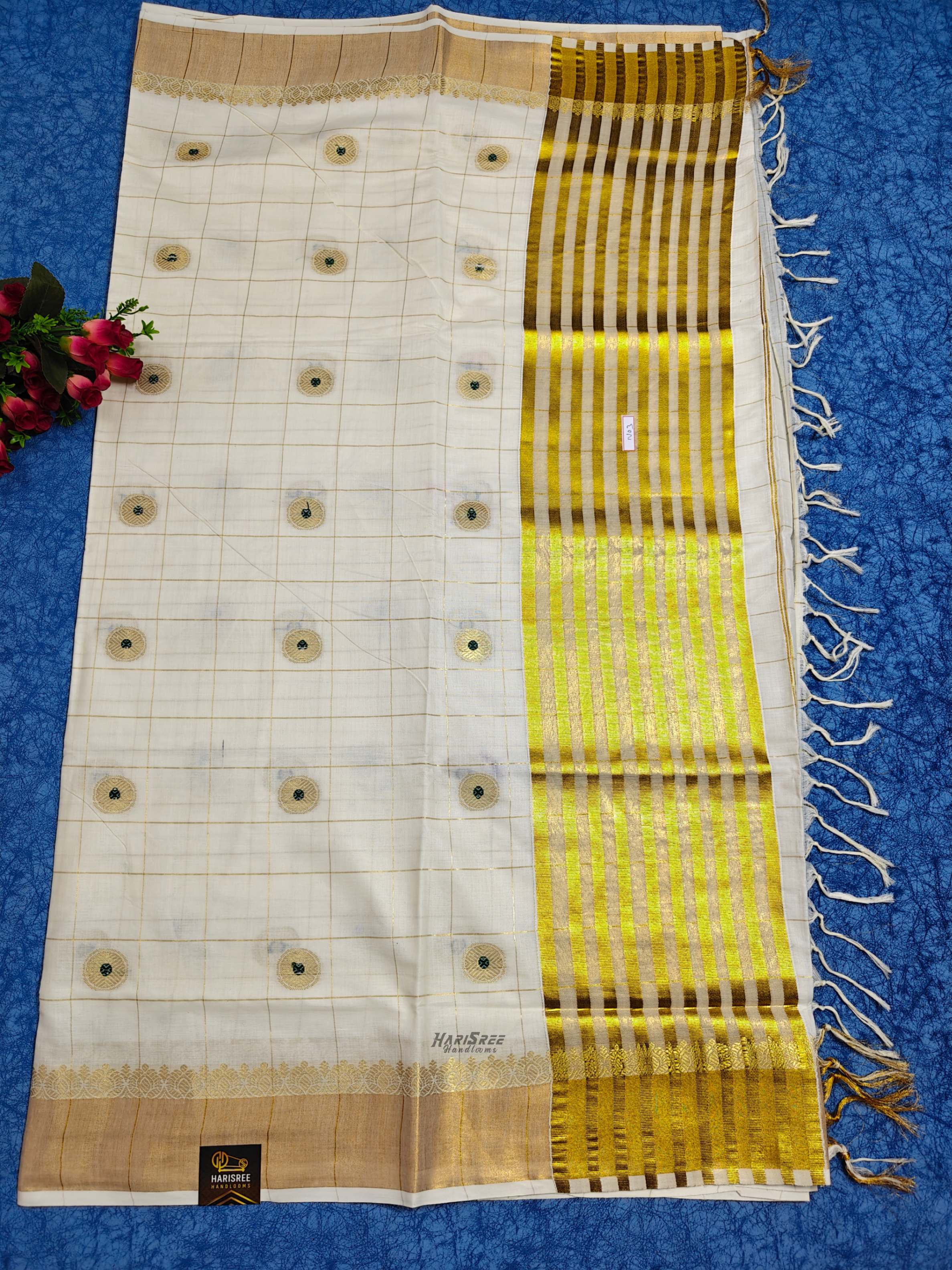 Cotton Checked Jacquard Desigin Kerala Saree | Green Colour Dot - HT104 - Image 2