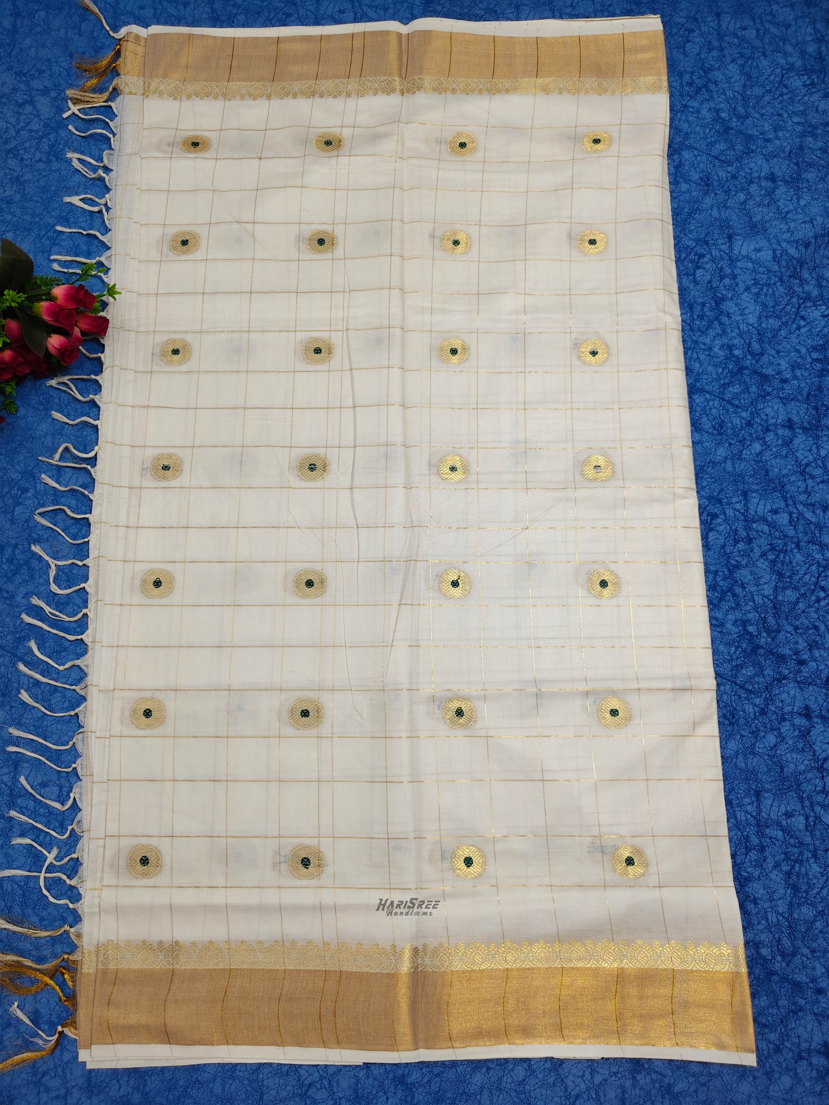 Cotton Checked Jacquard Desigin Kerala Saree | Green Colour Dot - HT104 - Image 3