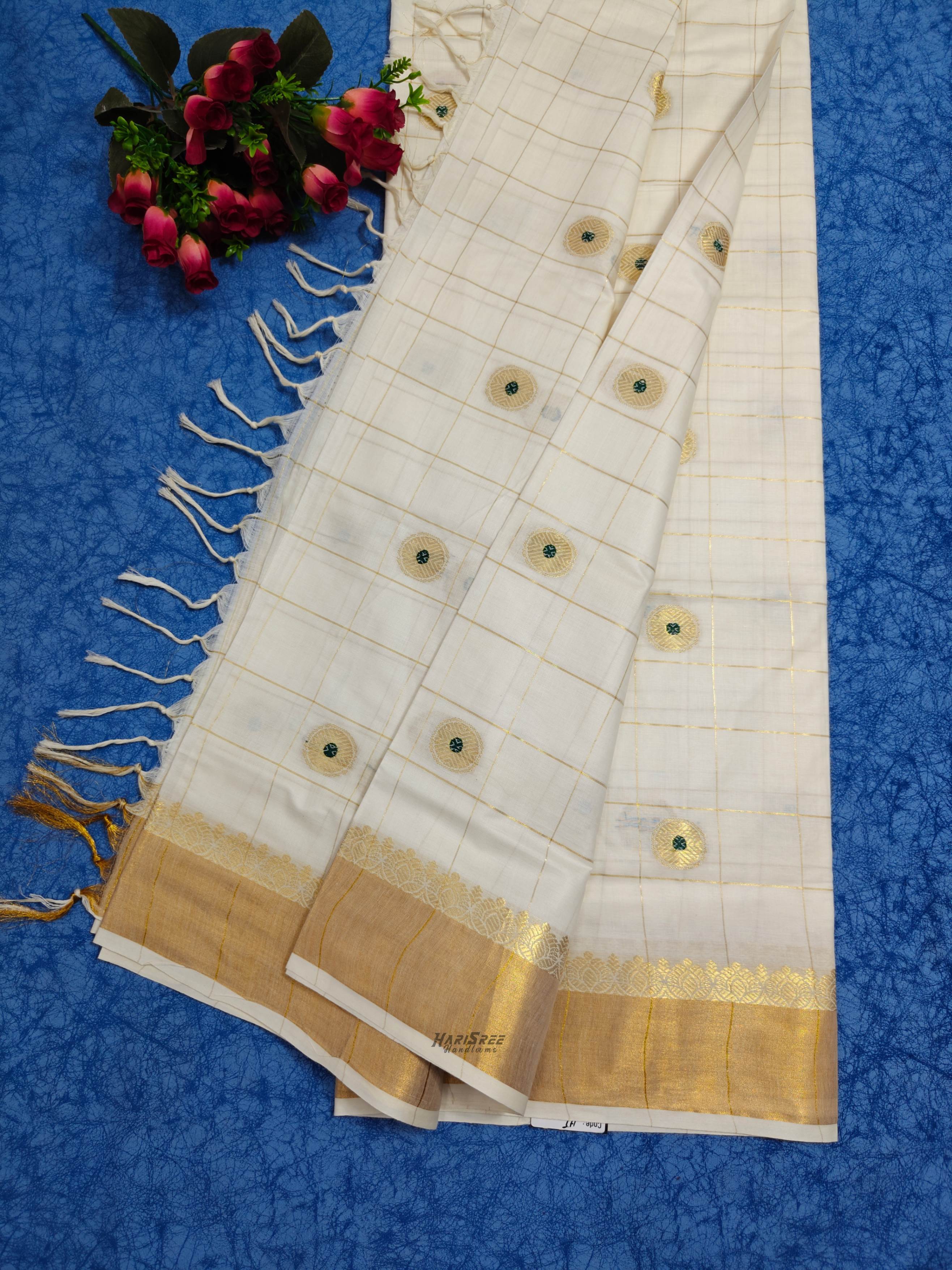 Cotton Checked Jacquard Desigin Kerala Saree | Green Colour Dot - HT104 - Image 4