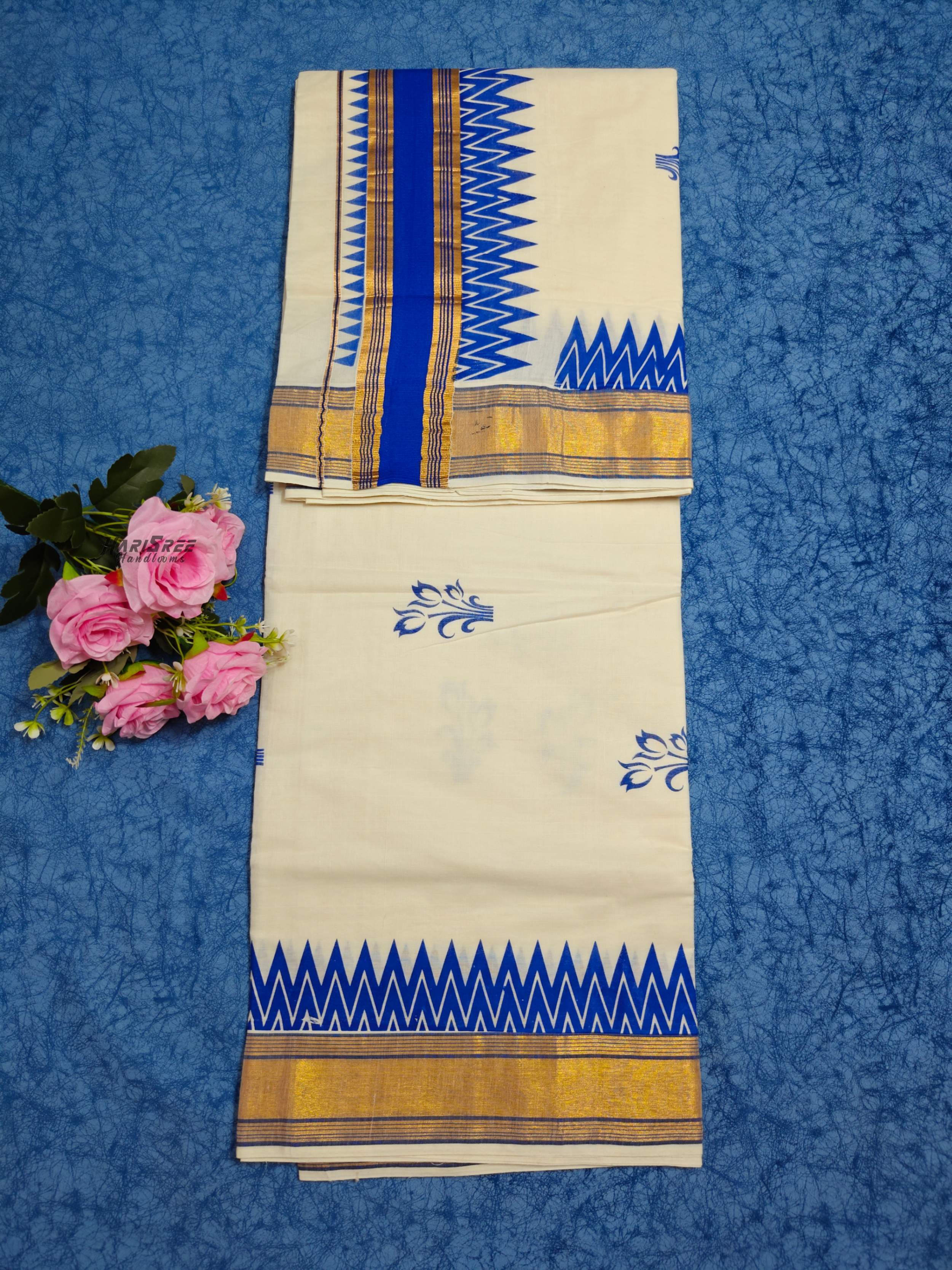 Cotton Temple Design Printed Kerala Saree - SK103