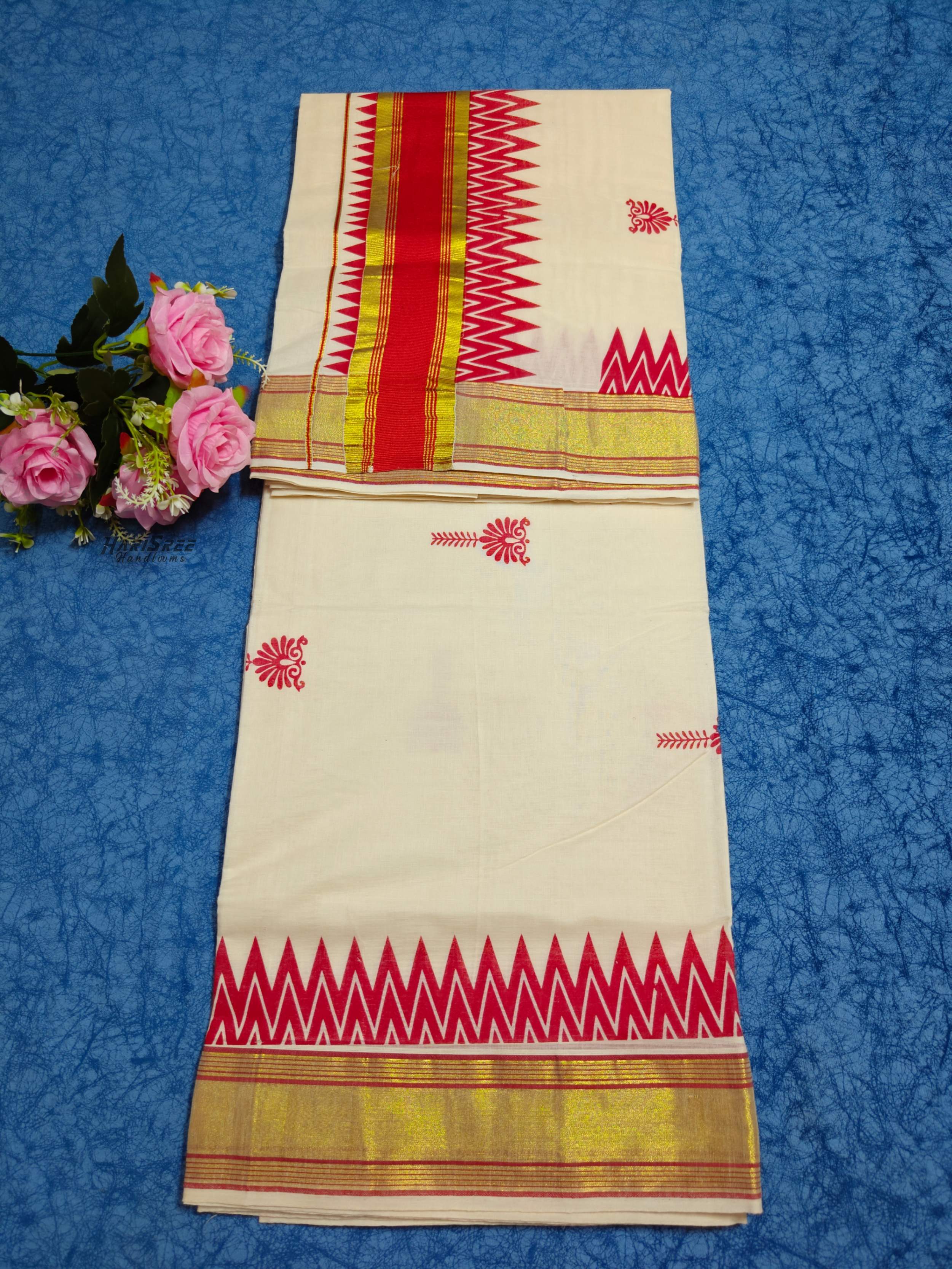 Cotton Temple Design Printed Kerala Saree - SK103 - Image 3