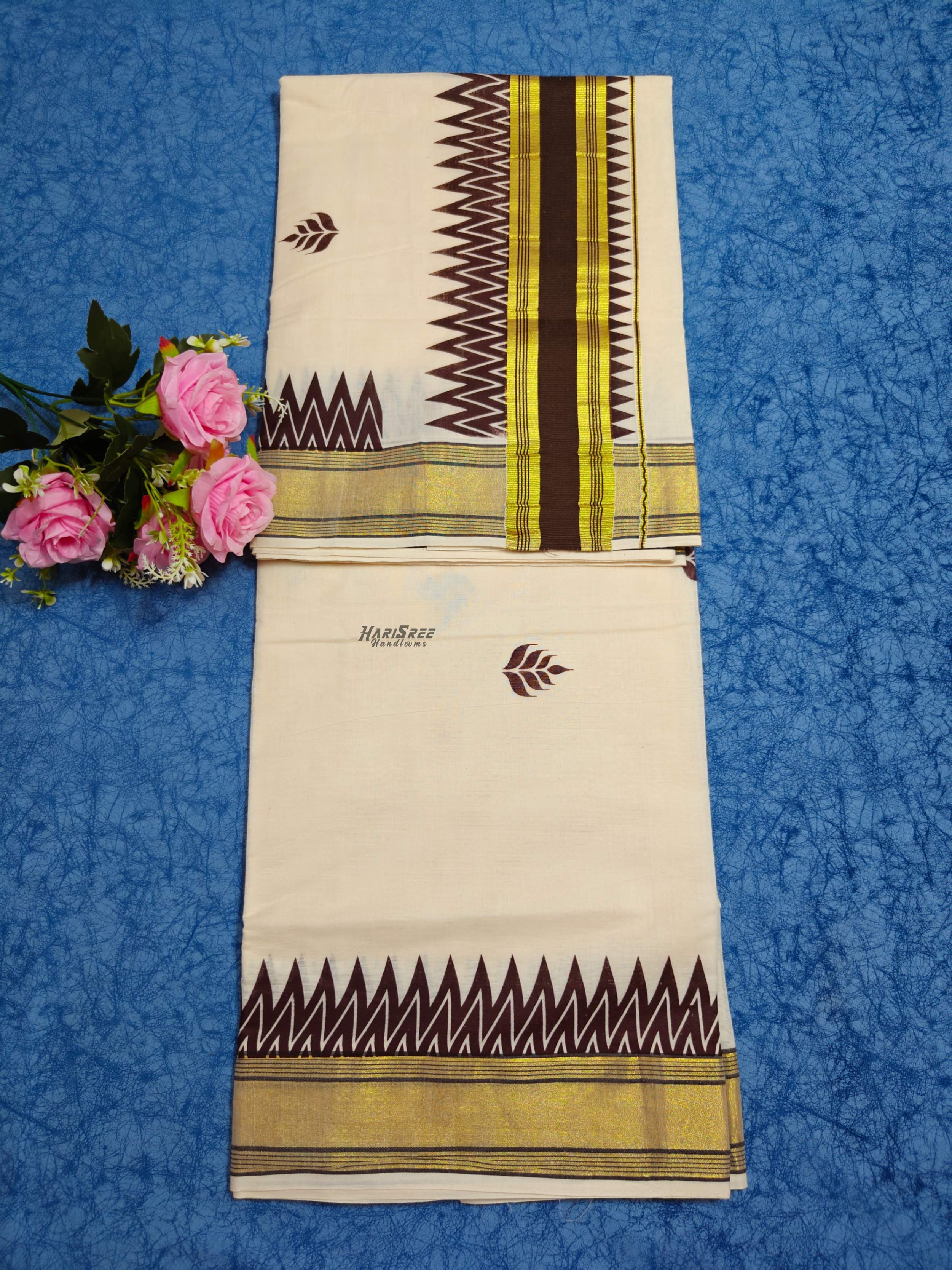 Cotton Temple Design Printed Kerala Saree - SK103 - Image 4