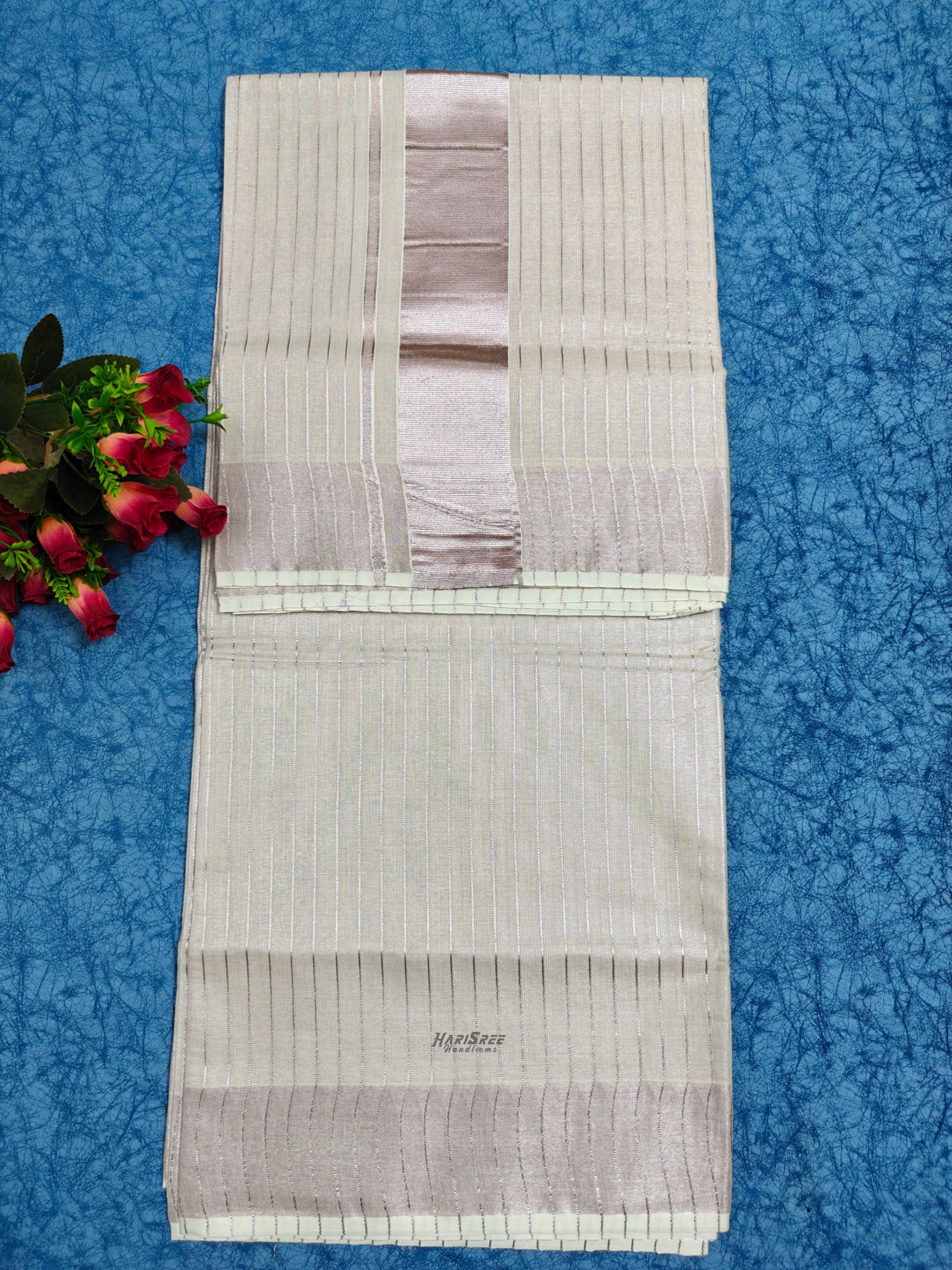 Rose Gold Tissue Striped Kerala Saree - HT105