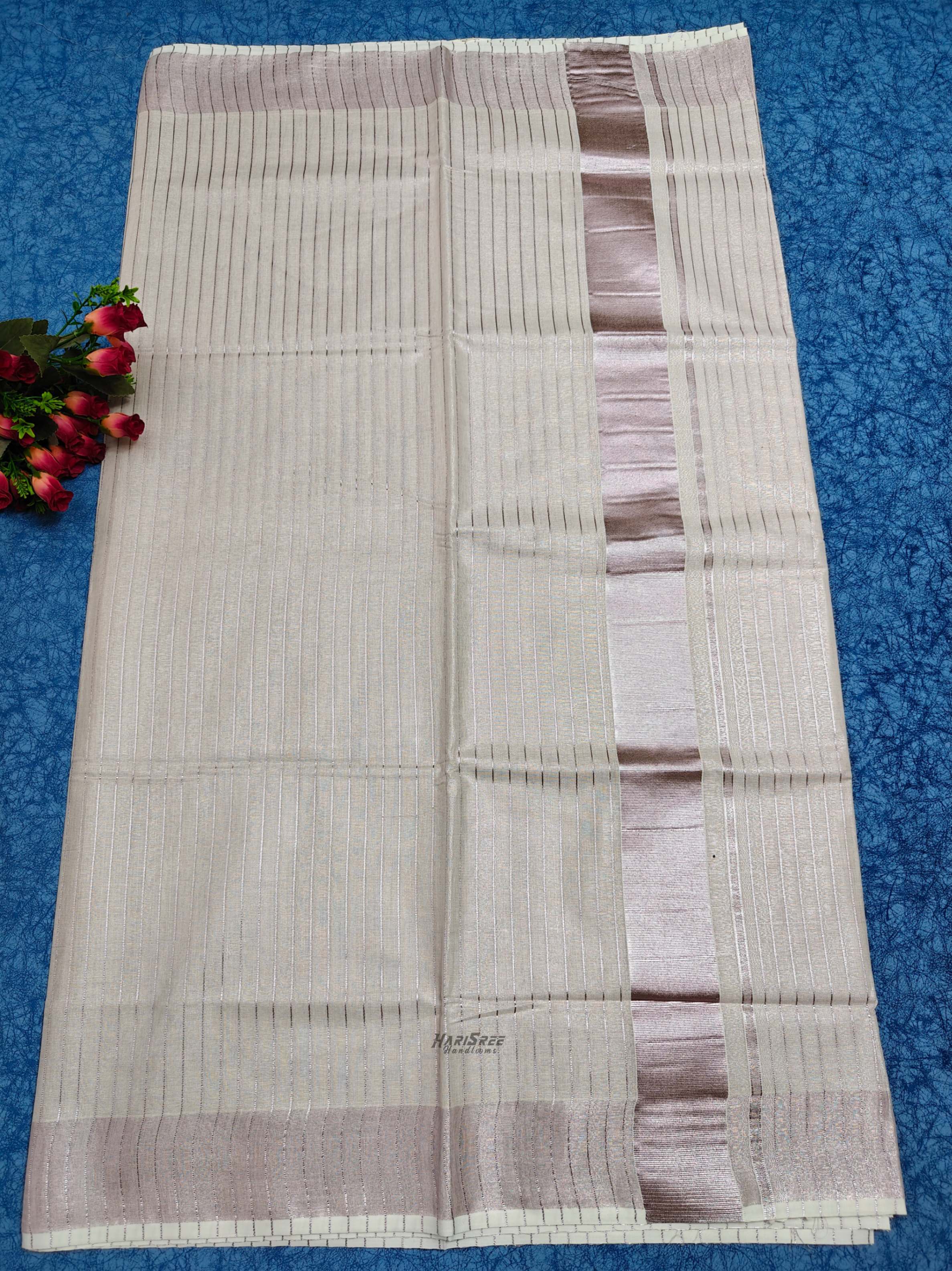 Rose Gold Tissue Striped Kerala Saree - HT105 - Image 4