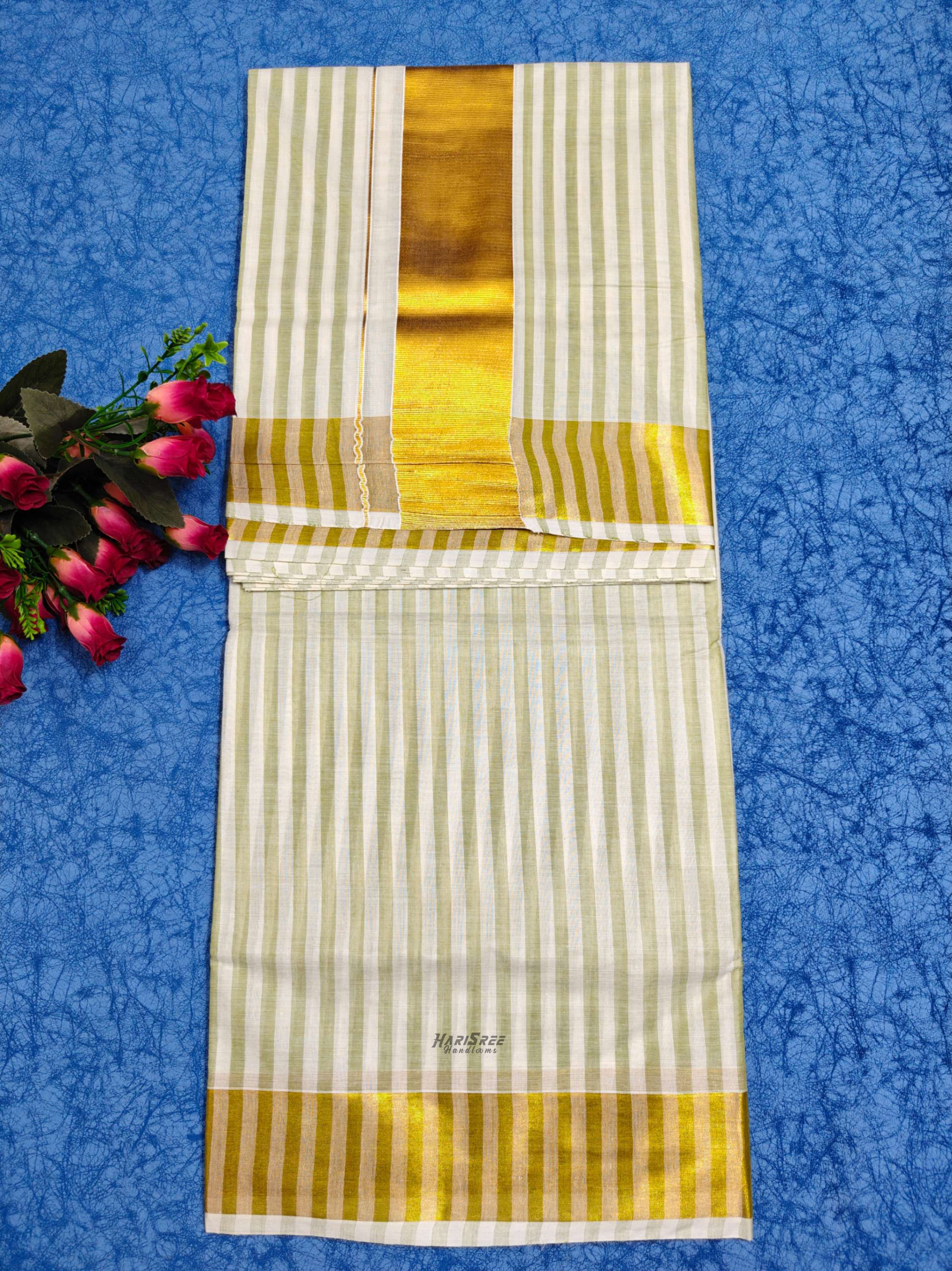 Cotton Light green Strips Set Saree - HT106
