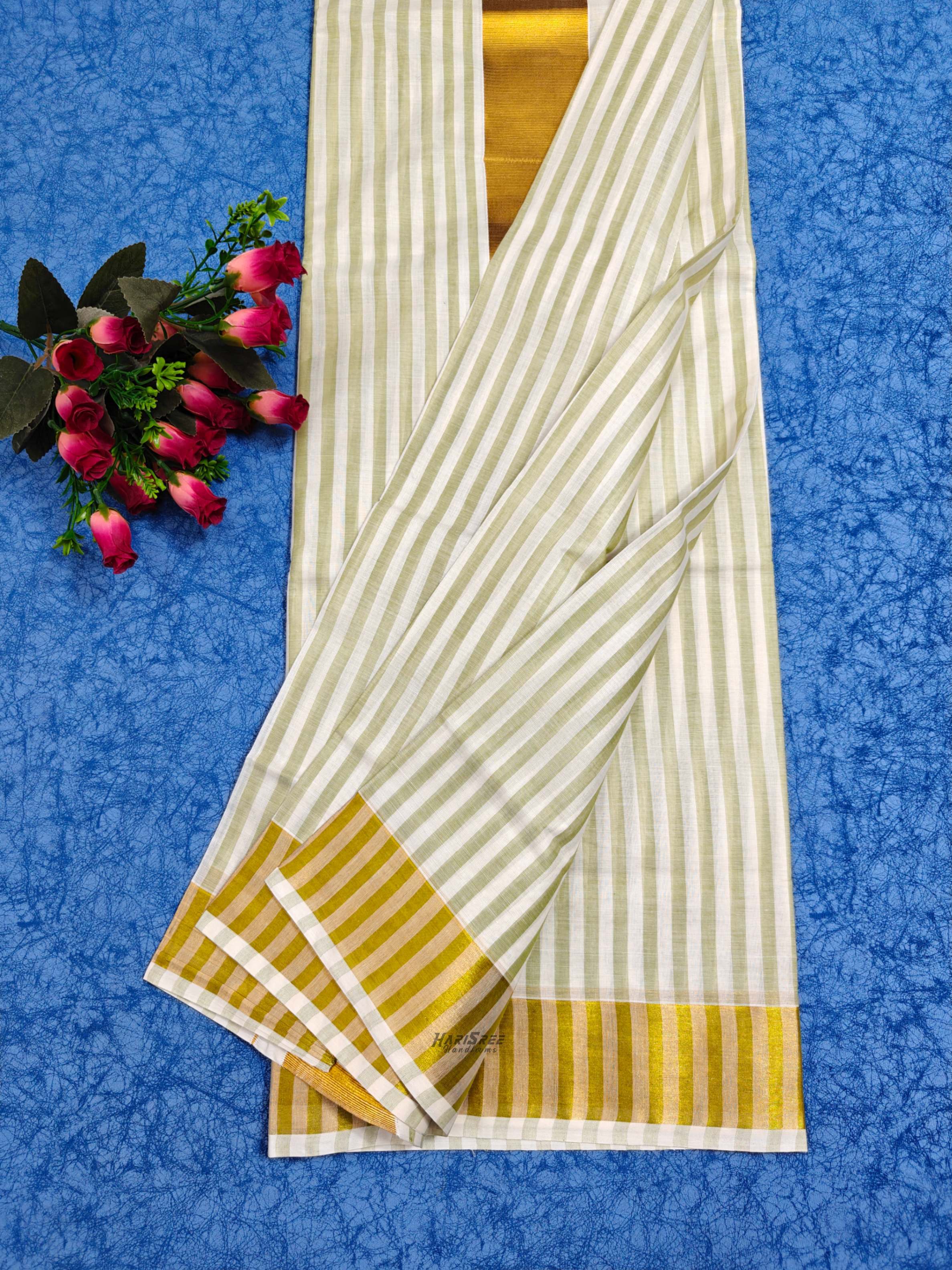 Cotton Light green Strips Set Saree - HT106 - Image 4