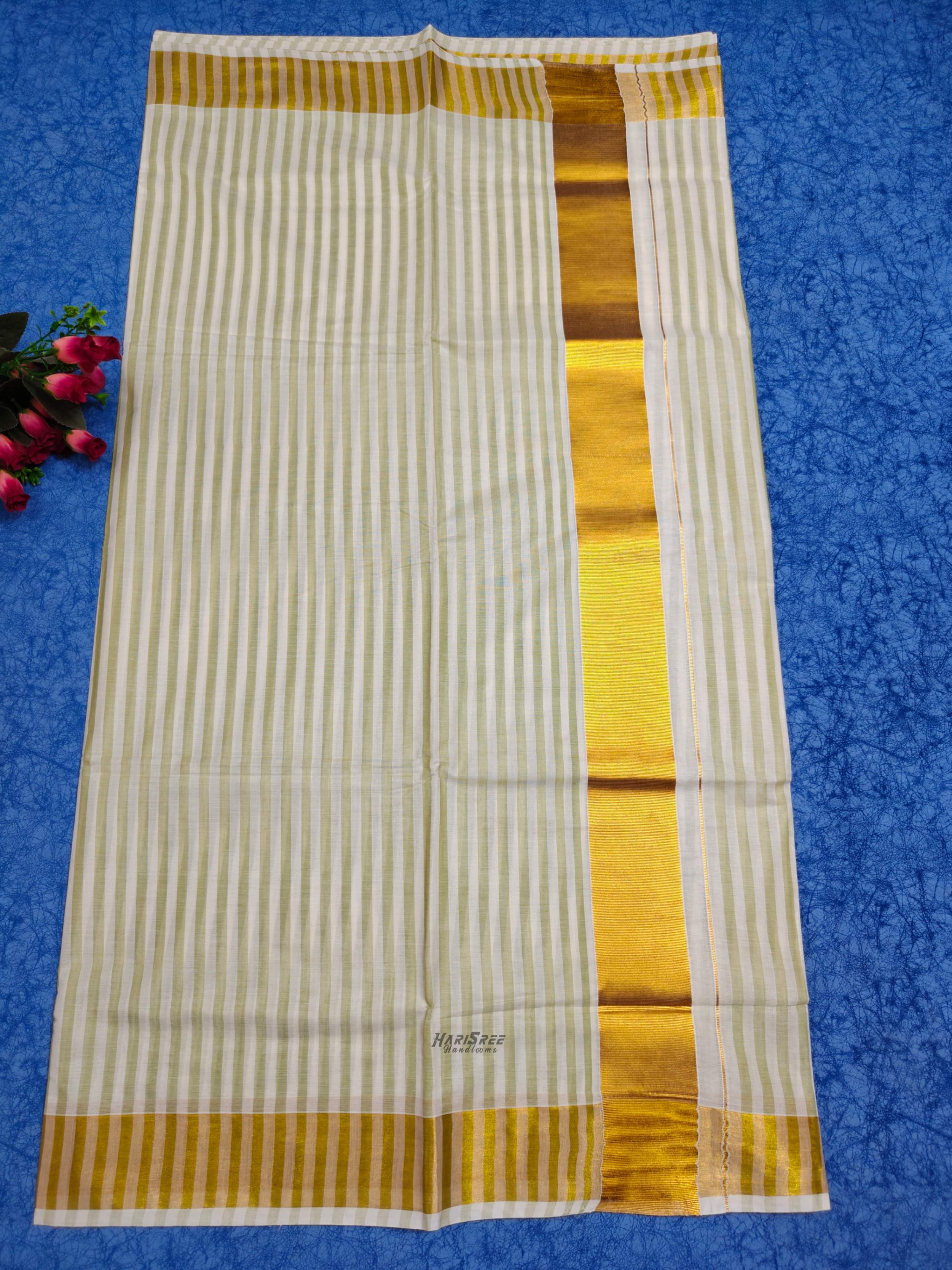 Cotton Light green Strips Set Saree - HT106 - Image 3