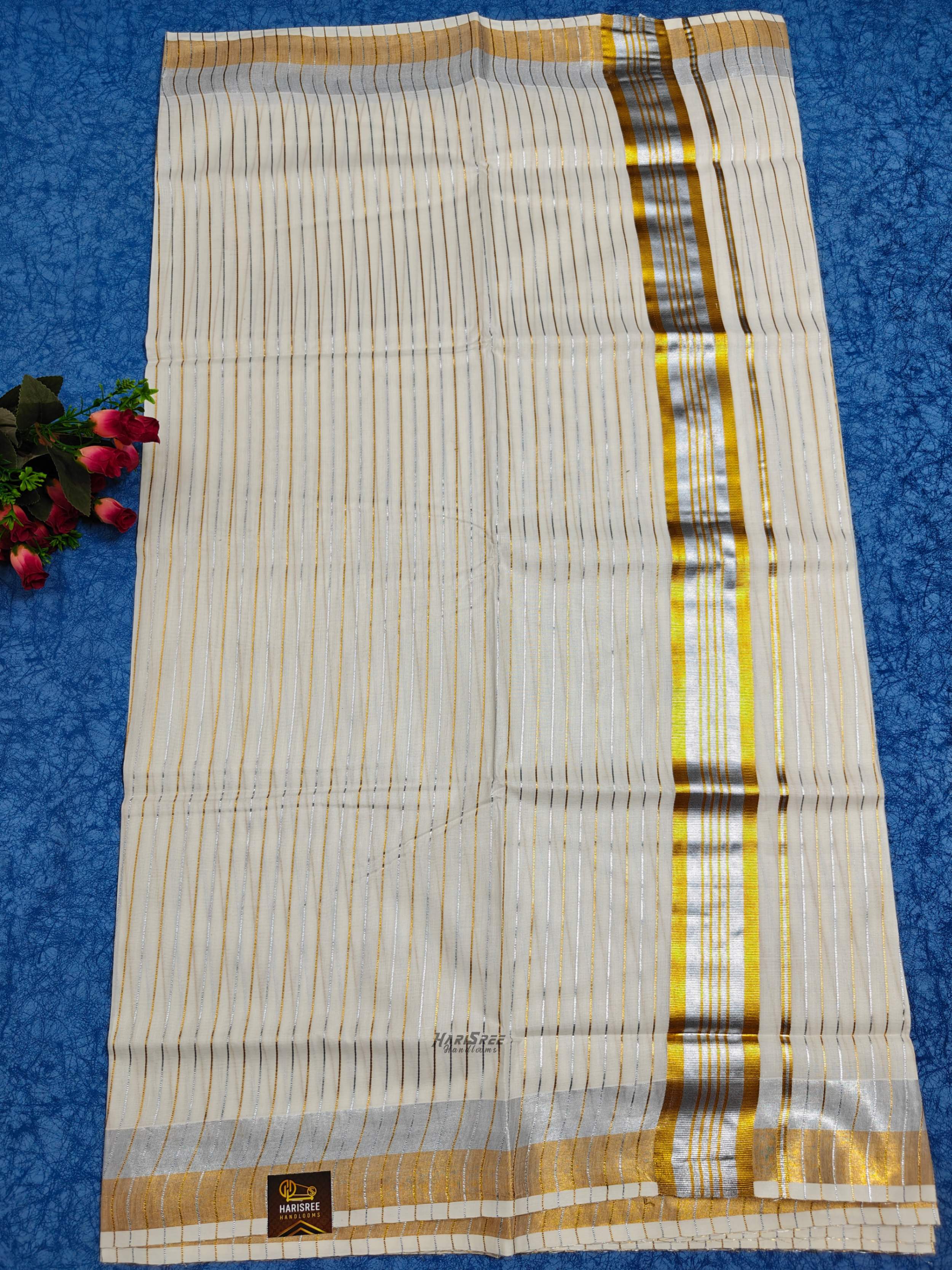 Cotton Gold & Silver Strips kerala Saree - HT107
