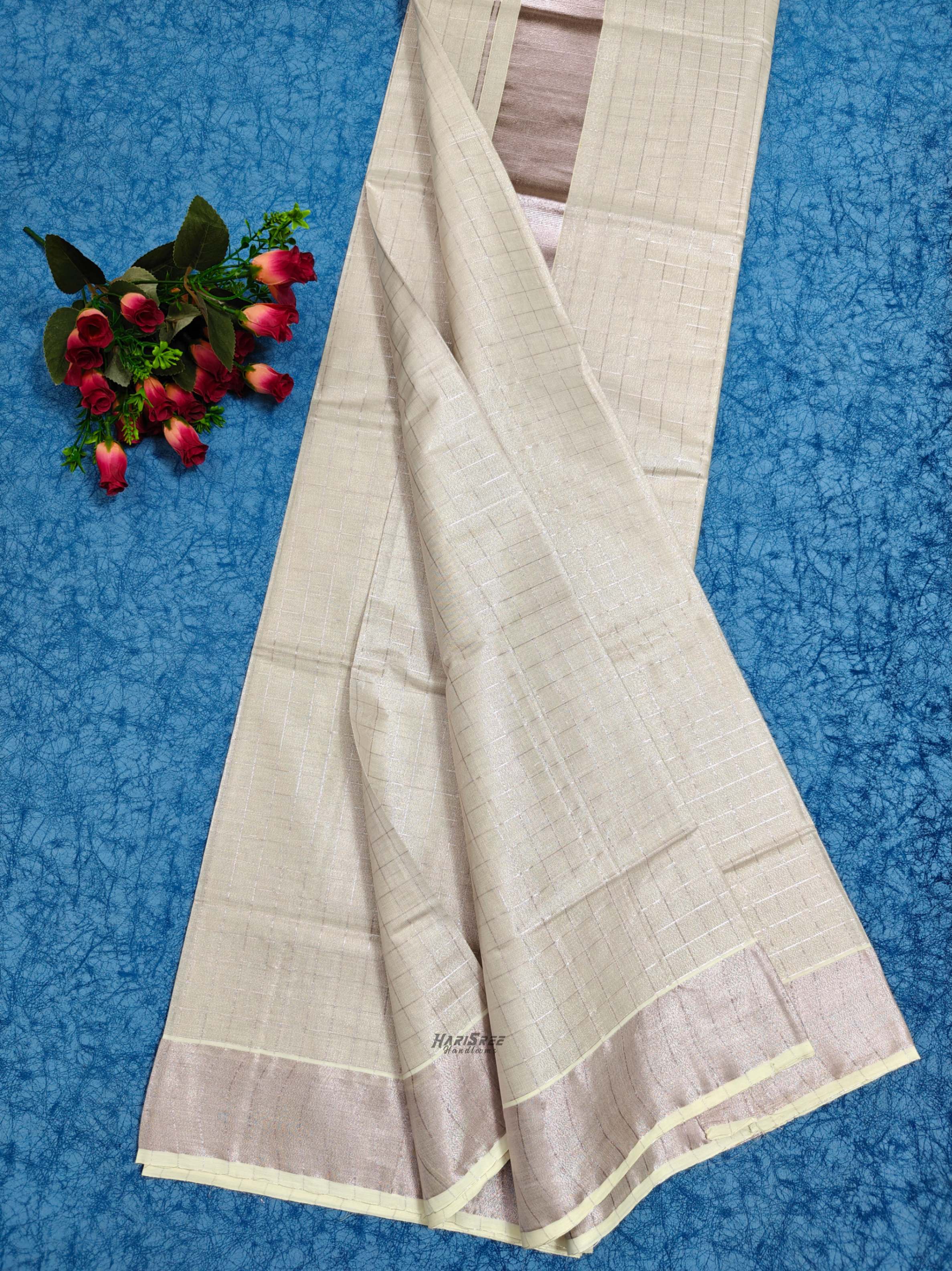 Rose Gold Tissue Checked Saree - HS101 - Image 4