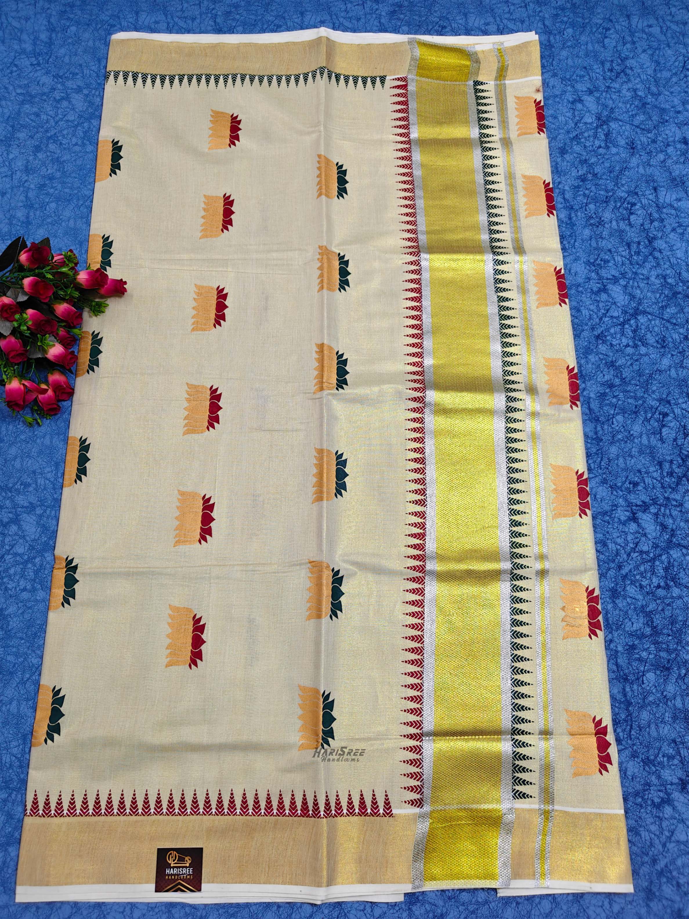 Tissue Lotus Printed Kerala Saree - KT101 - Image 2