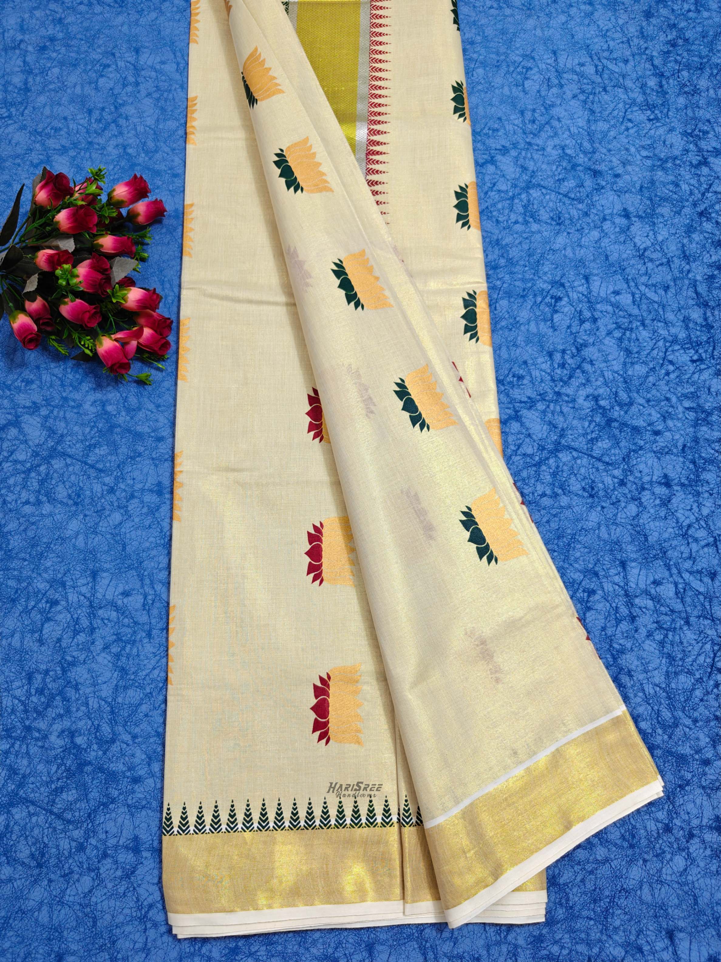 Tissue Lotus Printed Kerala Saree - KT101 - Image 3
