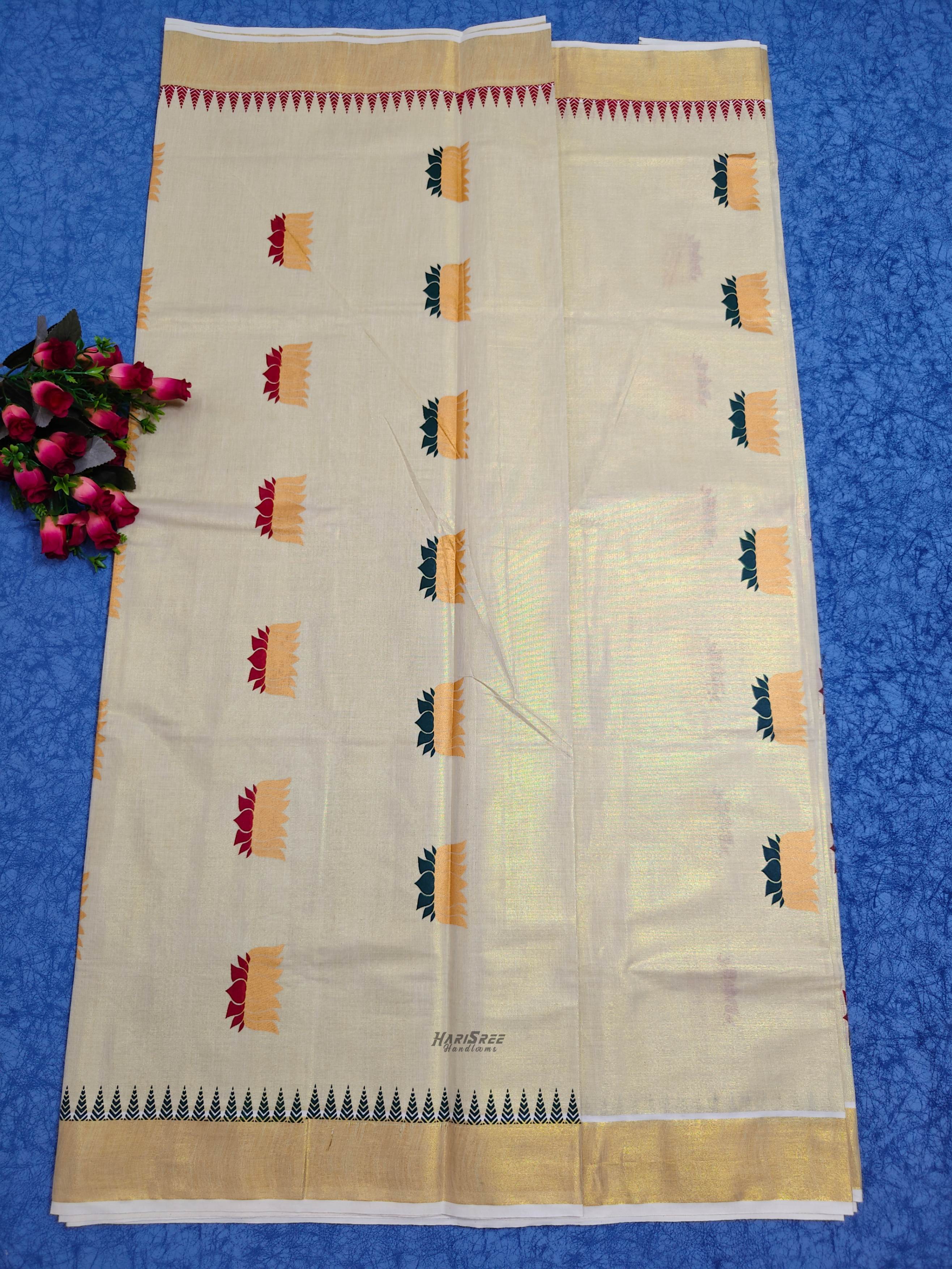 Tissue Lotus Printed Kerala Saree - KT101 - Image 4