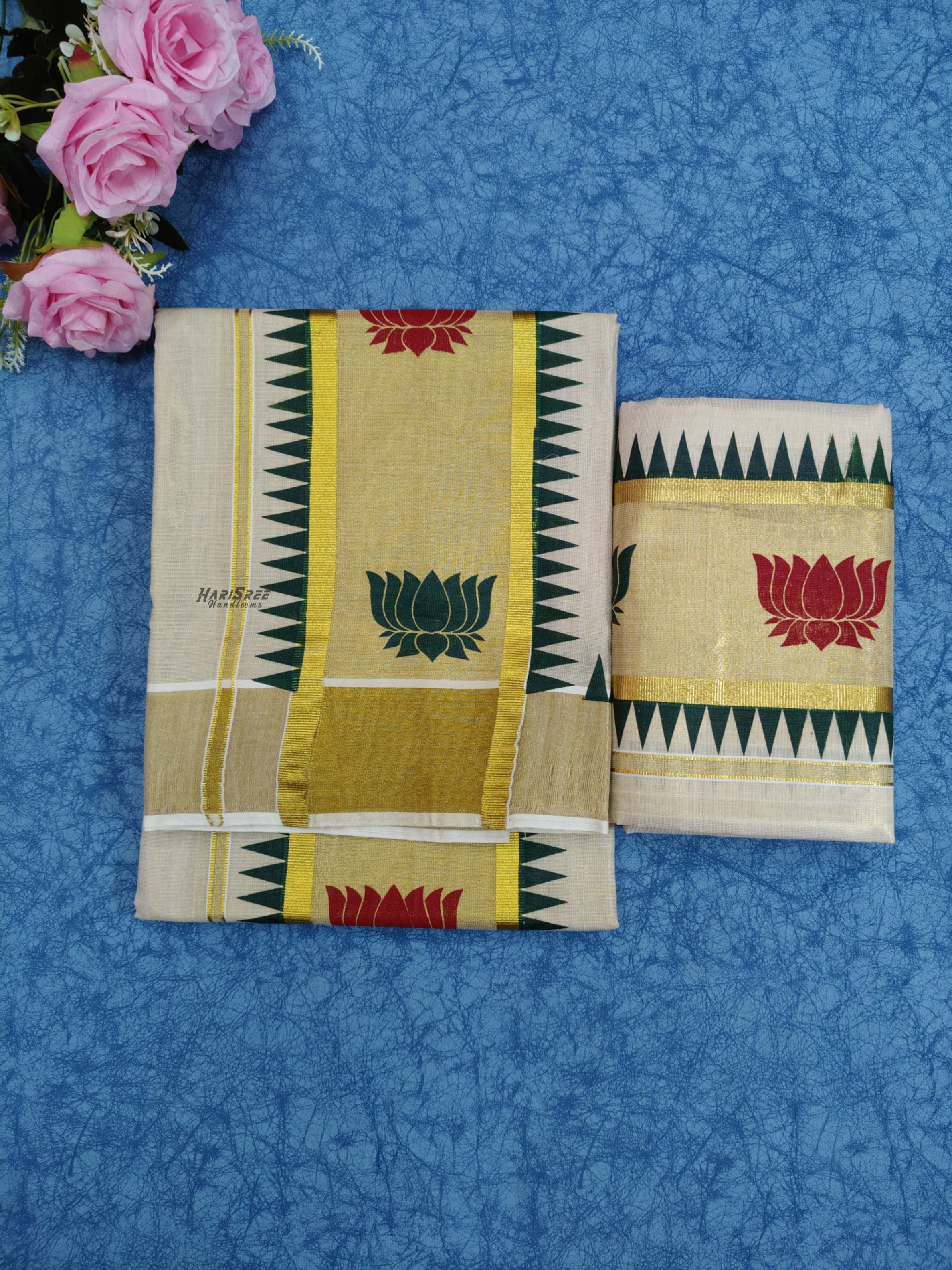 Tissue Lotus Printed Set mundu - KT102