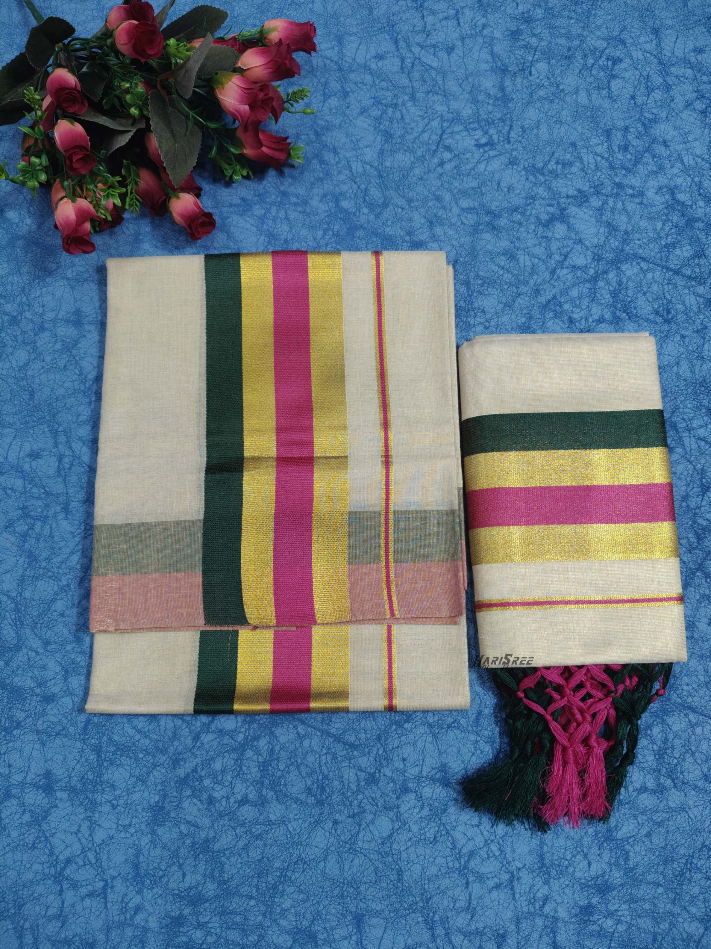 Tissue Double Color Set Mundu With Kunjalam - KMT101