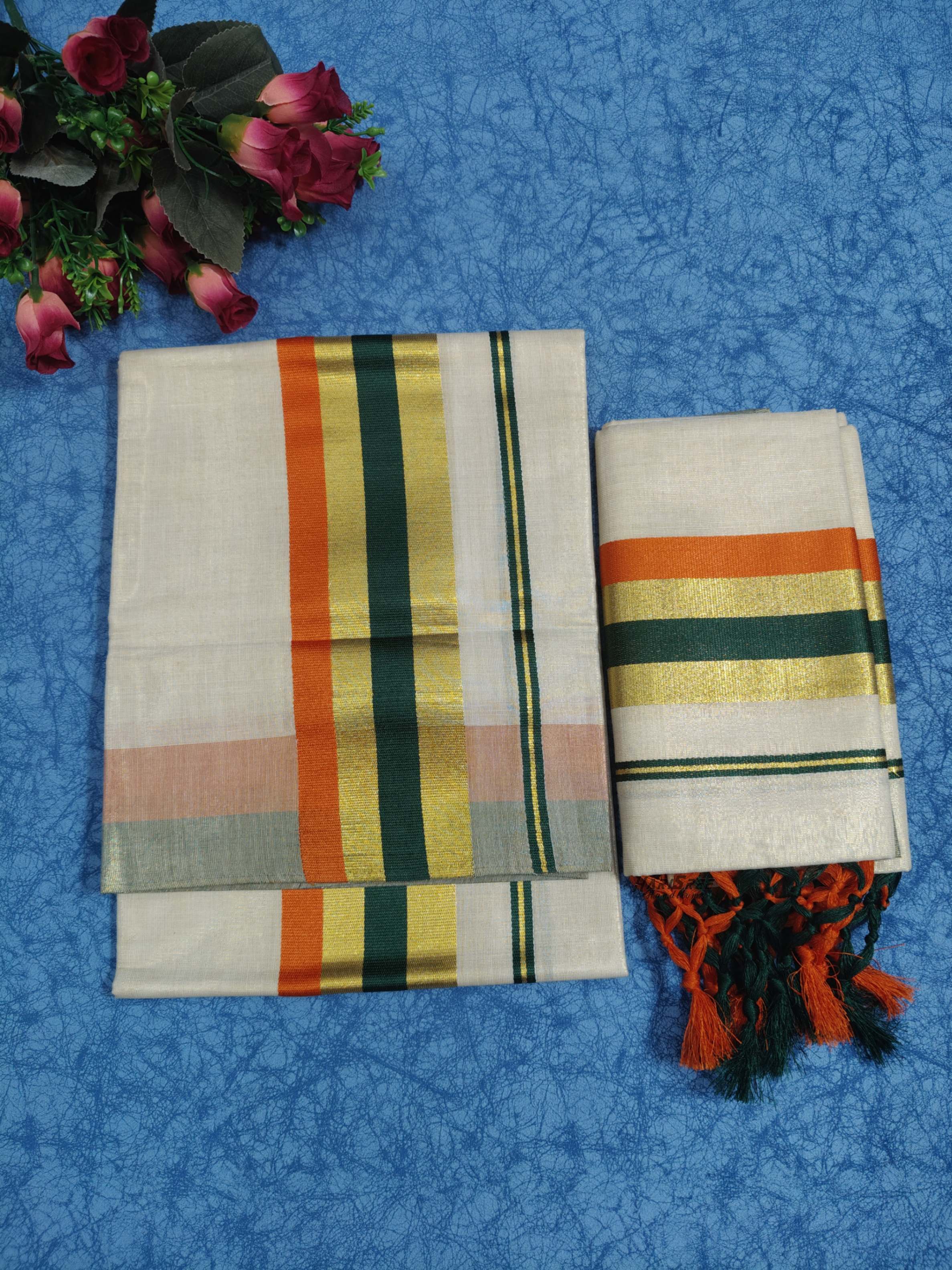 Tissue Double Color Set Mundu With Kunjalam - KMT101