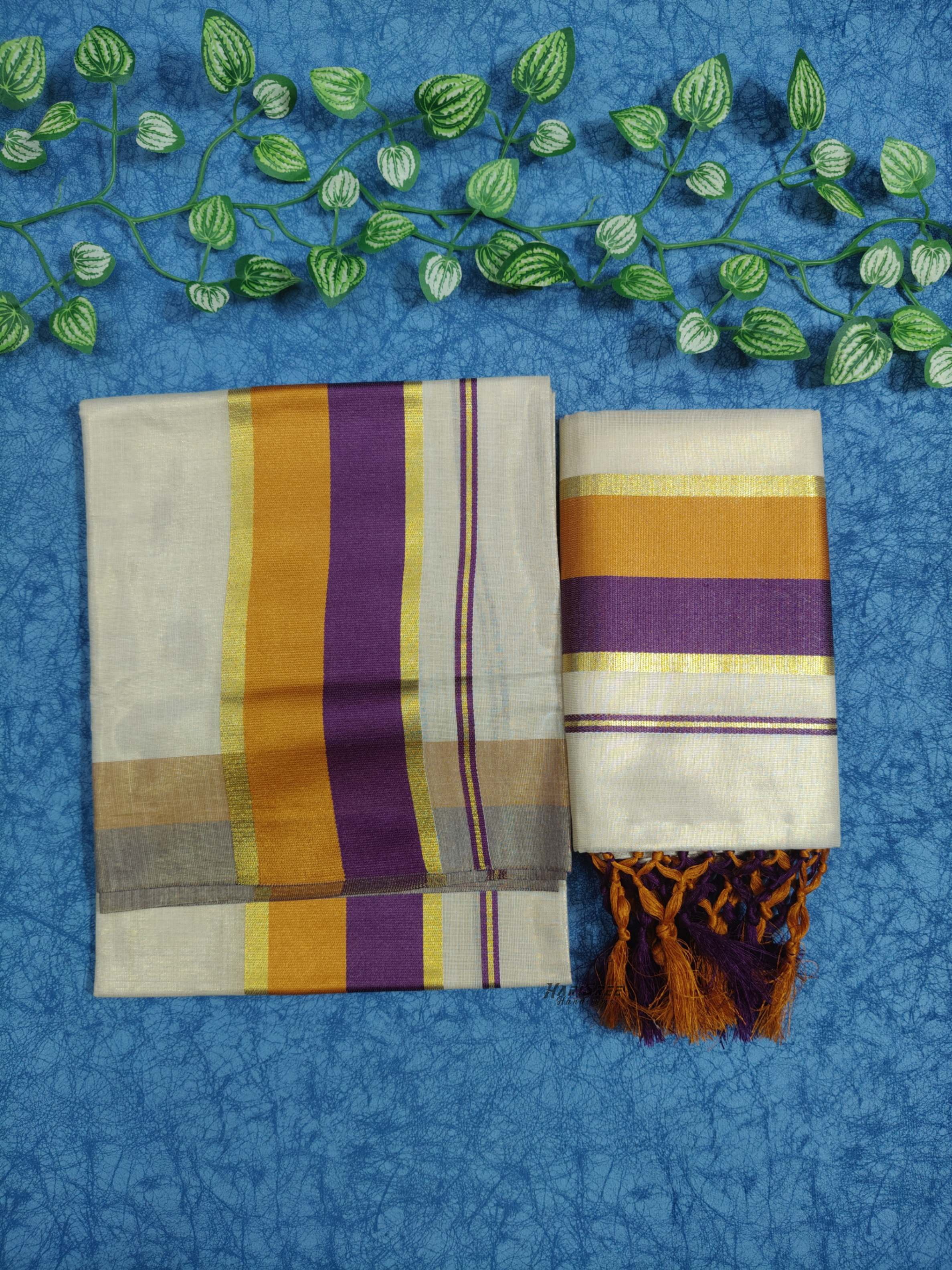 Tissue Double Colour Set Mundu With Kunjalam - KMT102 - Image 4